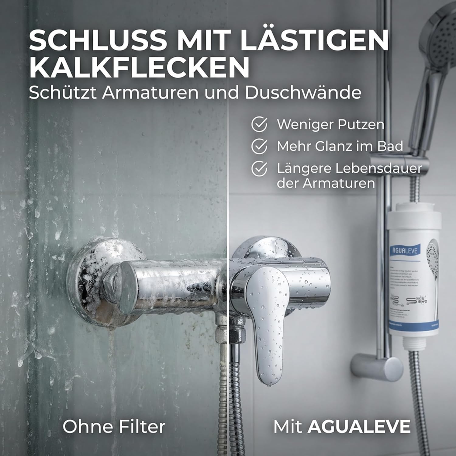 AGUALEVE Duschfilter, Wasserfilter, Dusche, in weiß, gegen Kalk, Schwermetalle, Chlor, Schmutz, wirkt bakteriostatisch, schönere Haut und Haare, Markenqualität, hergestellt in der EU – Bild 2