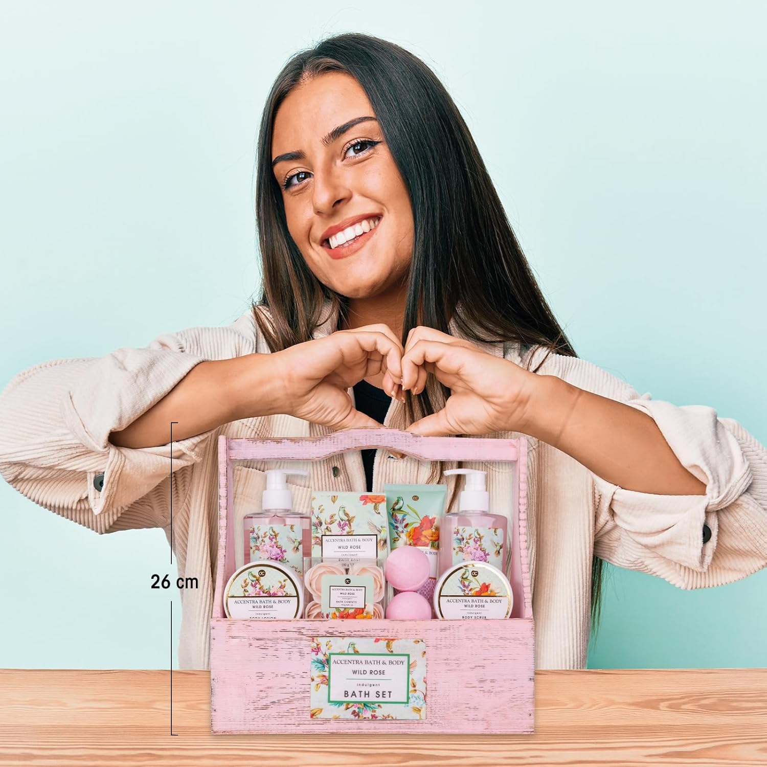 Accentra Duschset Damen Geschenkset im Holzkorb – 8-teiliges Pflegeset mit Duschgel, Körperlotion, Badezusätzen, Peeling & Handcreme – Wellness-Geschenkset für Geburtstag, Valentinstag & Weihnachten – Bild 2