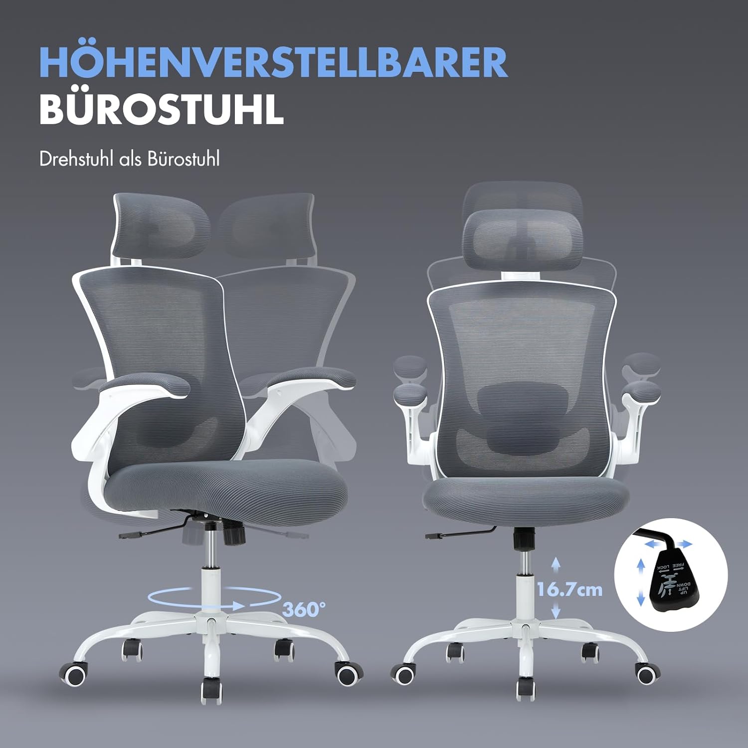 COLAMY Bürostuhl, Netz-Computerstuhl mit verstellbarer Kopfstütze und Lordosenstütze, ergonomischer Arbeitsstuhl mit hochklappbarer Armlehne, 140°-Wippfunktion, Grau – Bild 7