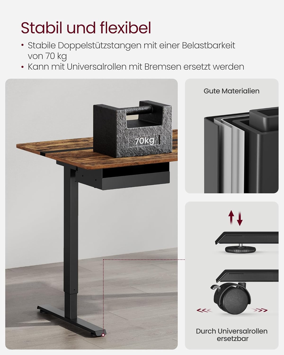 VASAGLE LSD112X01 Höhenverstellbarer elektrischer Schreibtisch mit Steckdose und Schublade, 60 x 120 cm Tischfläche, stufenlos verstellbar, Memory-Funktion mit 4 Höhen, Vintage Braun/Schwarz – Bild 9