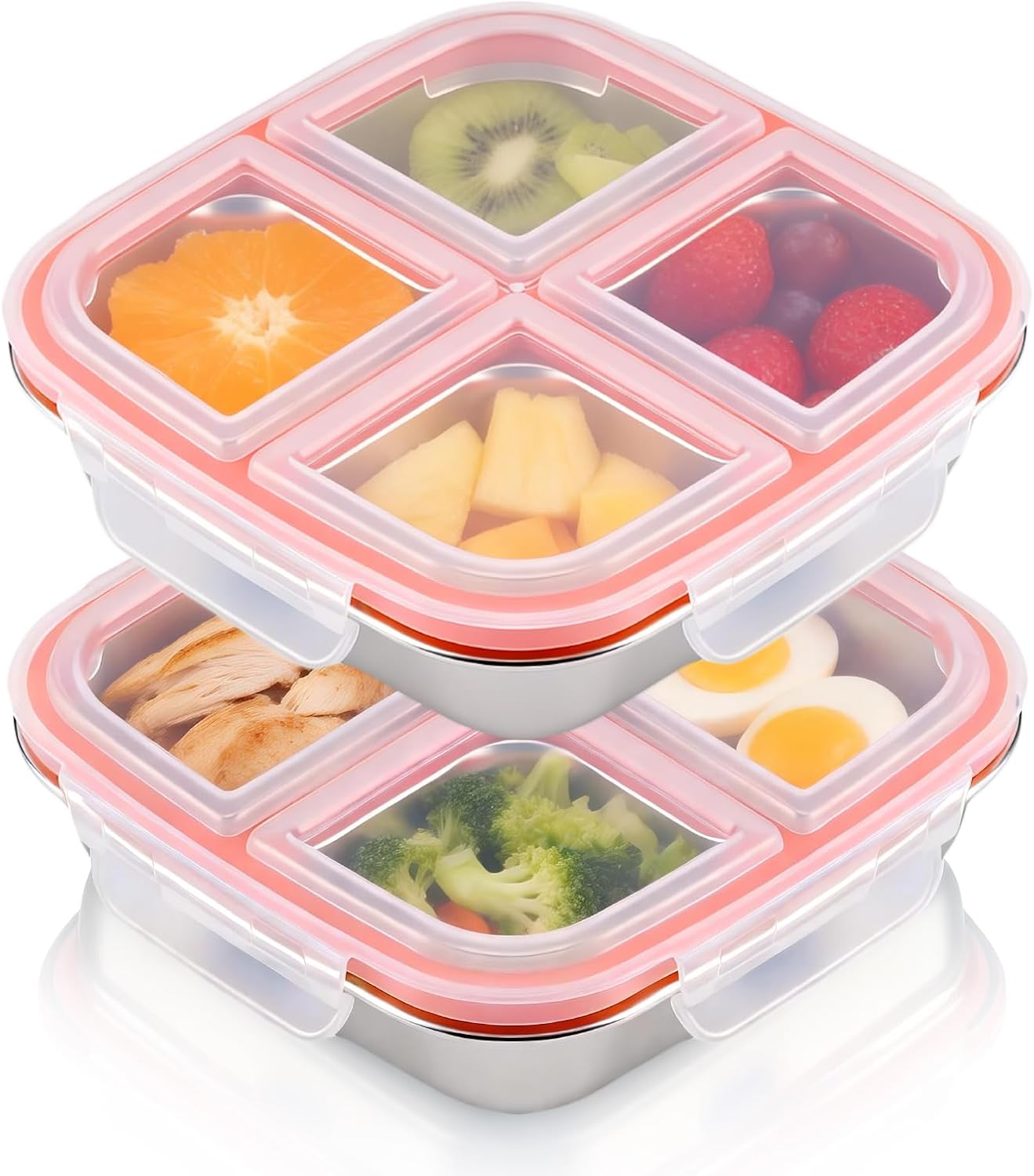 2 Stück Snackboxen mit Fächern aus Edelstahl, wiederverwendbare Snackbox für Kinder und Erwachsene, Meal-Prep-Behälter, Kinder, auslaufsichere Metall-Bento-Box mit Deckel für Schule, Arbeit & Camping (600 ml)