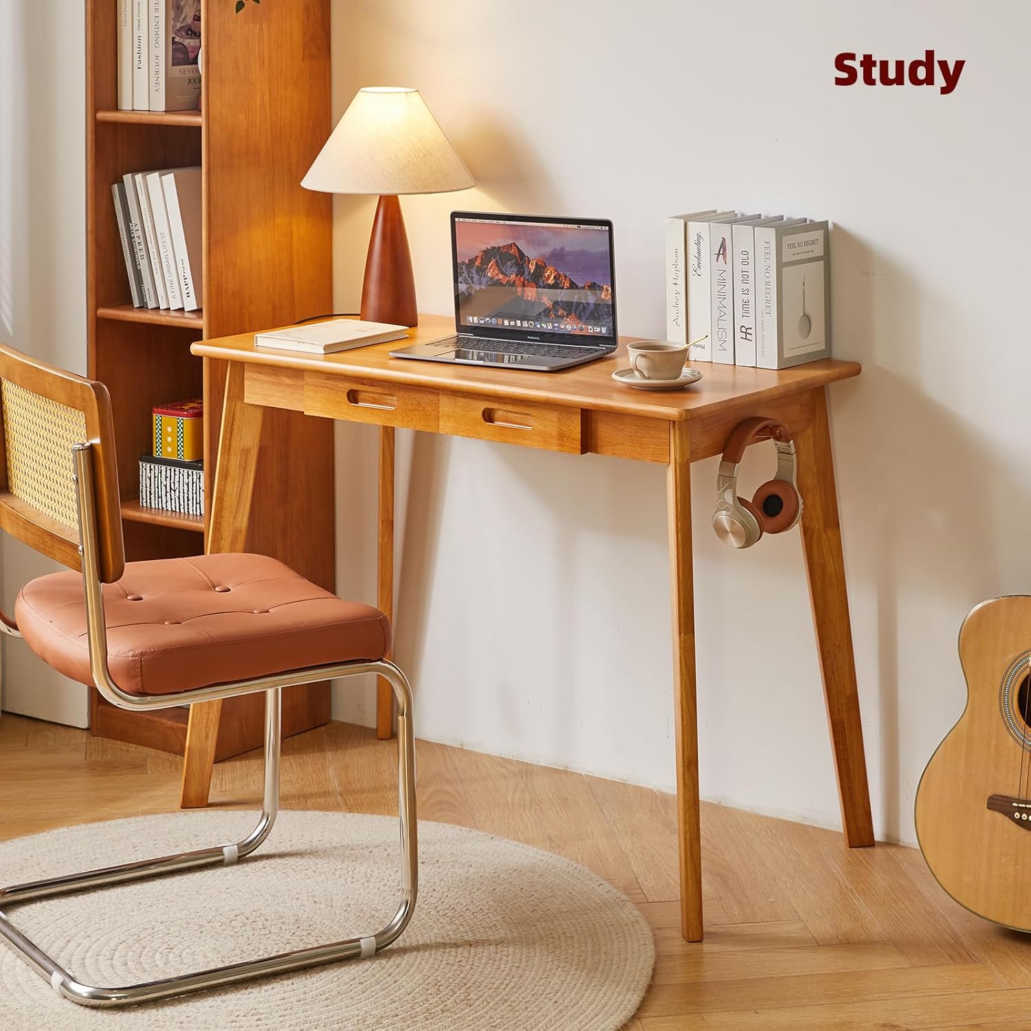 Aibiju Holzschreibtisch mit Schublade und Hängestange, kleiner Computertisch, 100 x 50 x 75 cm, Schreibtisch, kleiner Esstisch aus Holz, Kirschholzfarbe YD-WD01N – Bild 2