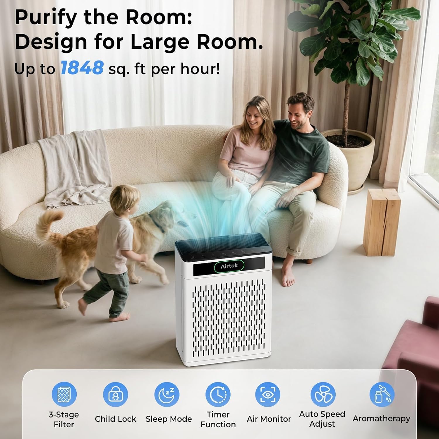 AIRTOK Luftreiniger, Luftreiniger Allergiker Für Räume bis zu 170m², mit waschbarem Filter, PM 2.5 Luftqualitätsmonitor, Schlafmodus, Aromatherapie, HEPA Luftfilter gegen Staub Pollen Gerüche – Bild 2