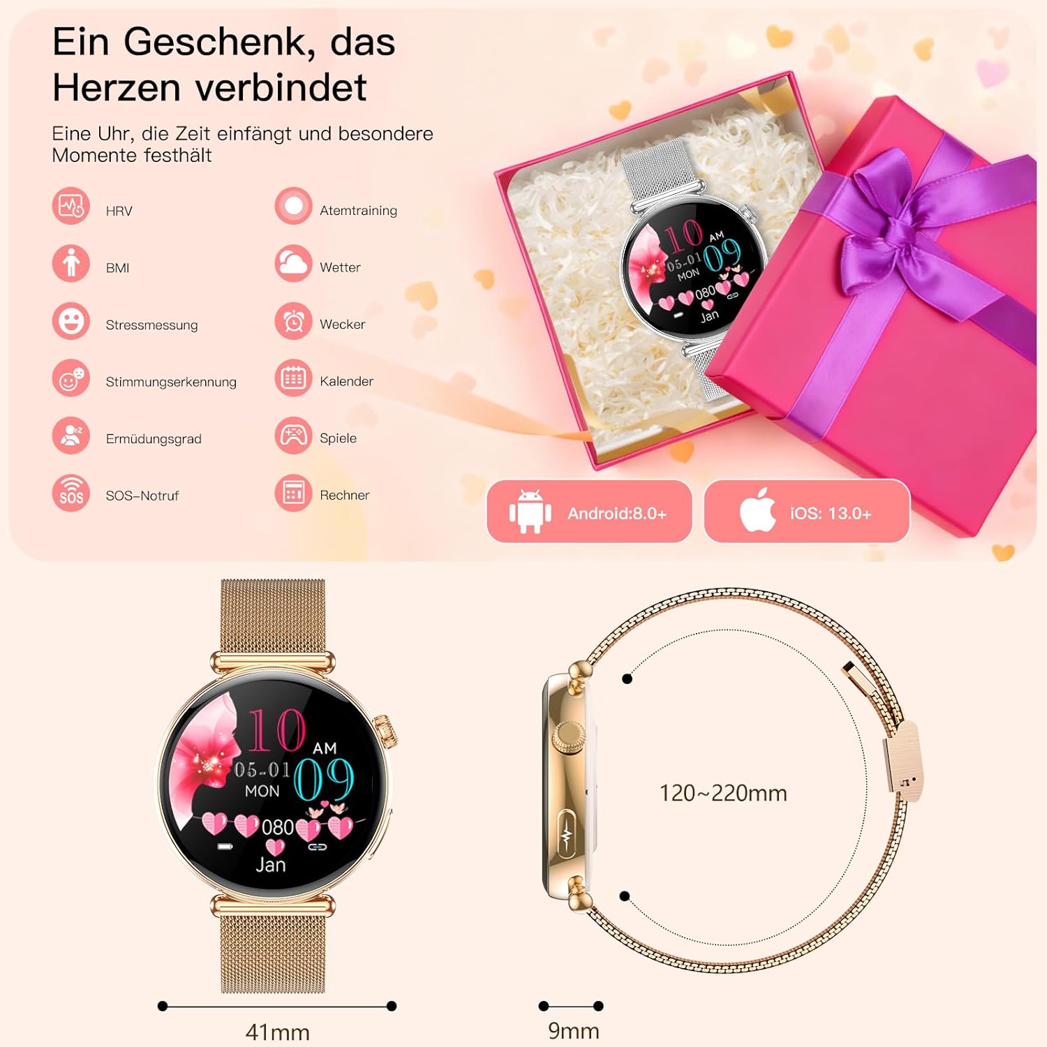 2026 Damen-Smartwatch mit EKG/Blutdruck/B, 1,32 Zoll AOD-Gesundheitsuhr, AI-Zifferblatt und AI Smart Q&A, Bluetooth-Anrufe/Spо₂/Aρnοe/Schlaf/Puls/HRV/BMI/Stress, 100+ Sportmodi, kleine runde Fitnessuhr – Bild 7