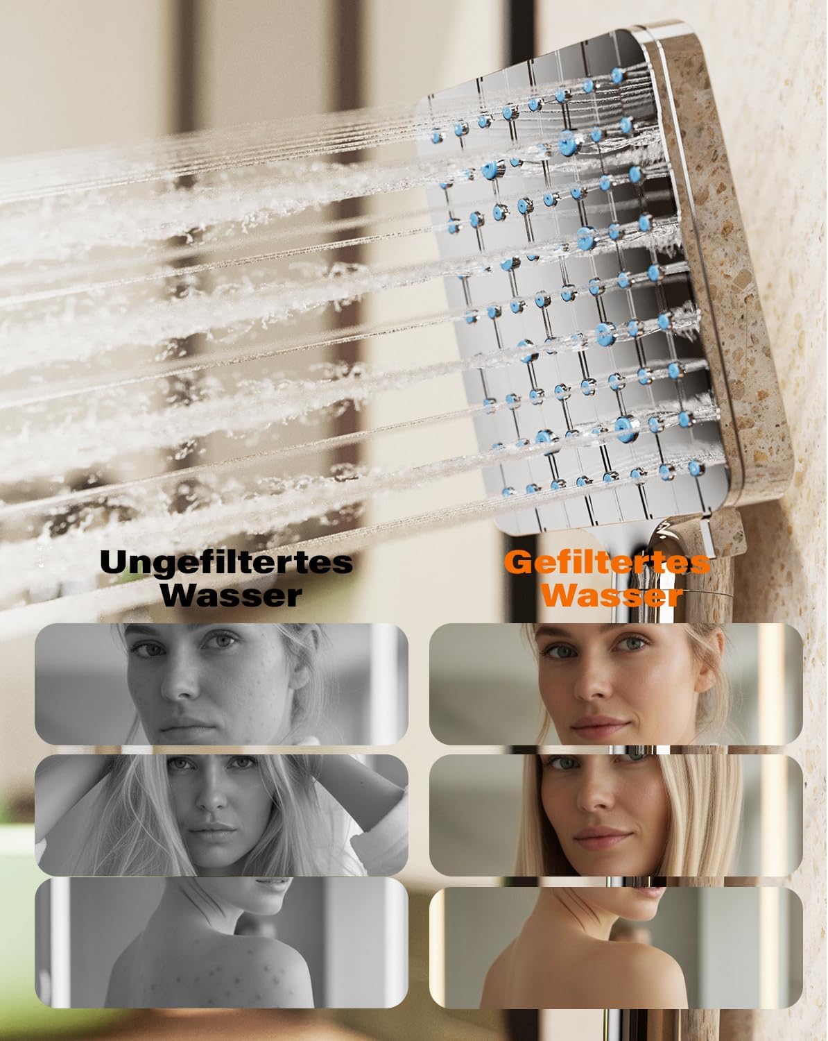 Cobbe Duschkopf mit Filter für hartes Wasser, Hochdruck-Handbrause, quadratischer Duschkopf mit 20-Stufen-Filter, 6 Strahlarten, entfernt Chlor und Schwermetalle, Chrom – Bild 3