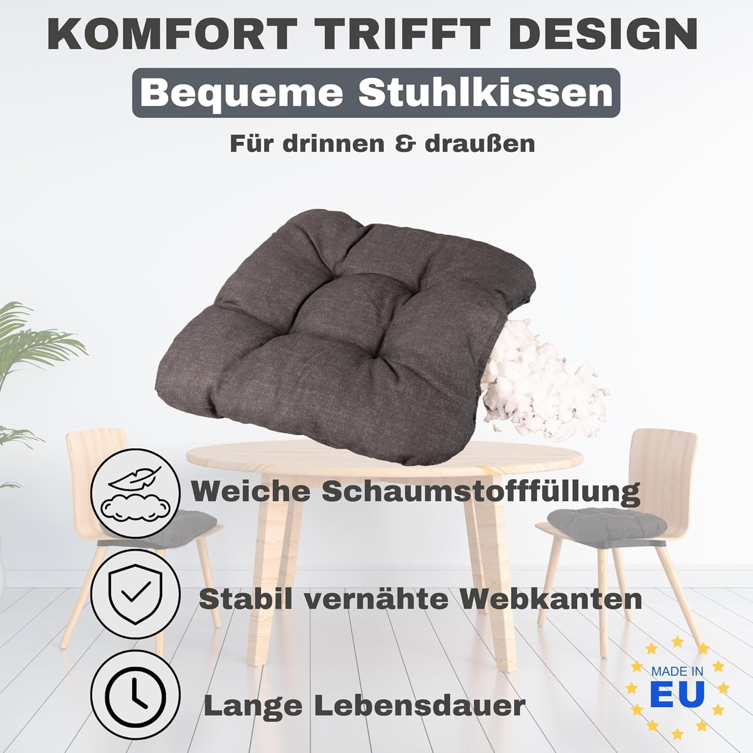 HLKauf 8er-Set Sitzkissen Anthrazit, 36 x 36 x 6 cm, weiche Kissen, für Garten, Camping, Gastronomie oder Bistro, Öko-Tex und hergestellt in der EU – Bild 4