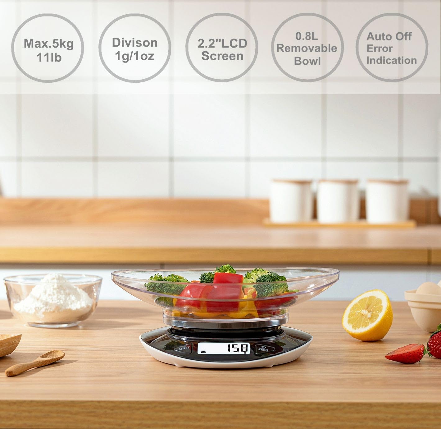 Digitale Küchenwaage, elektronische Waage mit abnehmbarer Schüssel, 5 kg/11 lb, präzise Waage bis 1 g, mit großem LCD-Display und Tara-Funktion, Schwarz – Bild 2