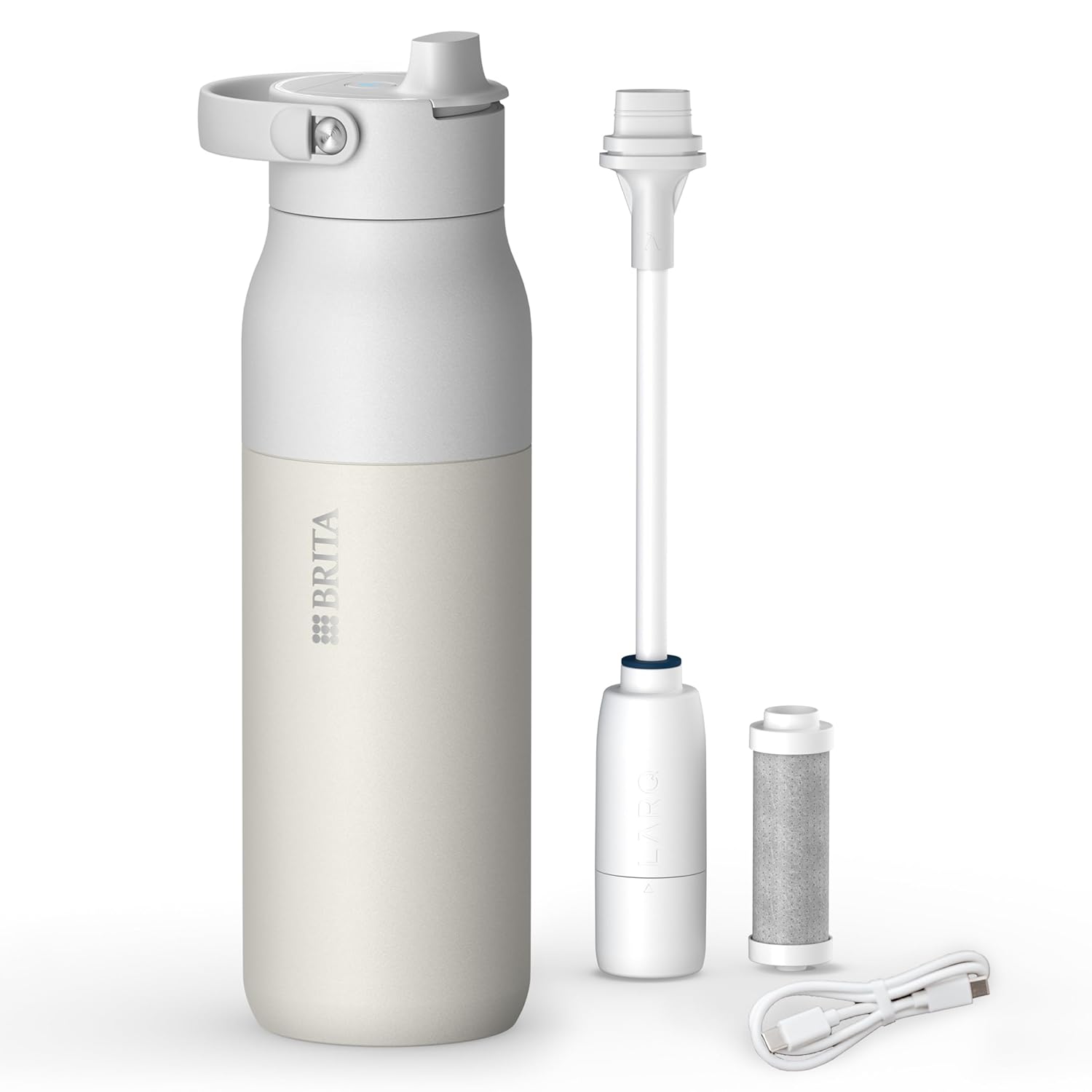 BRITA LARQ iQ Digital Filter-Wasserflasche weiß (680 ml) inklusive Trink-Tracking (App), Aktivkohle-Wasserfilter und UV-C – neutralisiert 99,99 % Bakterien und filtert Mikroverunreinigungen, PFAS und mehr