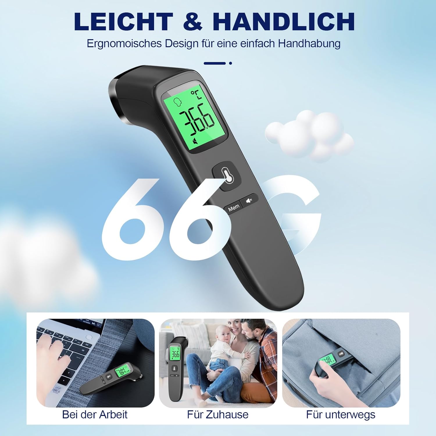 Kontaktloses Fieberthermometer, Stirnthermometer mit sofort genauen Messwerten, Fieberalarm, LCD-Display und 35 Speichersperren, digitales Infrarot-Thermometer für Kinder und Erwachsene (Tiefschwarz) – Bild 7