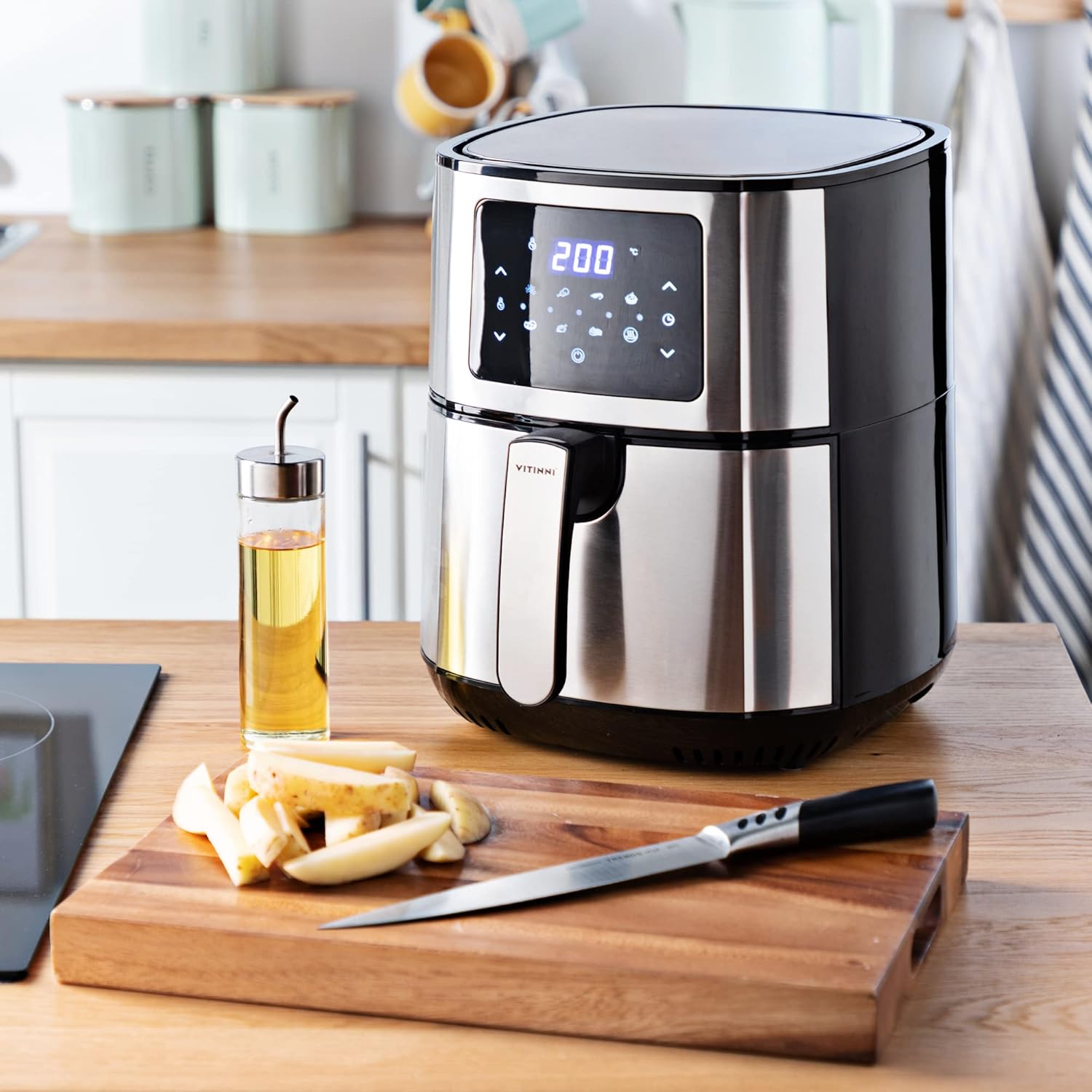Heißluftfritteuse, 5,5 l, schnelle Luftzirkulation, 1400 W Leistung, Edelstahlkorb, Fritteuse für gesunde Zubereitung, Touchscreen, LED-Digitalanzeige, Bedienfeld mit integriertem Voreinstellungsmenü – Bild 2