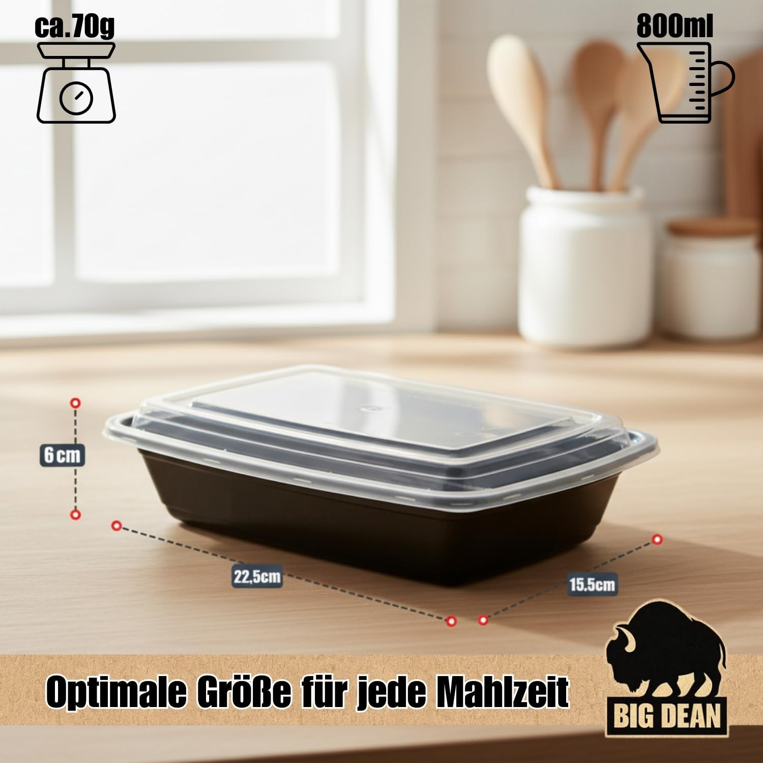 BigDean wiederverwendbare Meal-Prep-Boxen mit Deckel (10 Stück) – robuste Meal-Prep-Boxen, stapelbare Meal-Prep-Dosen und Lebensmittelbox – mikrowellen-, gefrier- und spülmaschinenfest – perfekt für die Mealprep – Bild 3