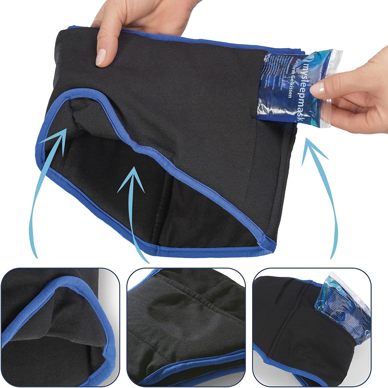 Schlafmaske mit 2 Ohrstöpseln und 2 Gel-Pads, angenehme Bio-Baumwolle für absolute Ruhe und Dunkelheit, in Deutschland entwickelt, Kopfumfang ca. 54–58 cm, S/M – Bild 3
