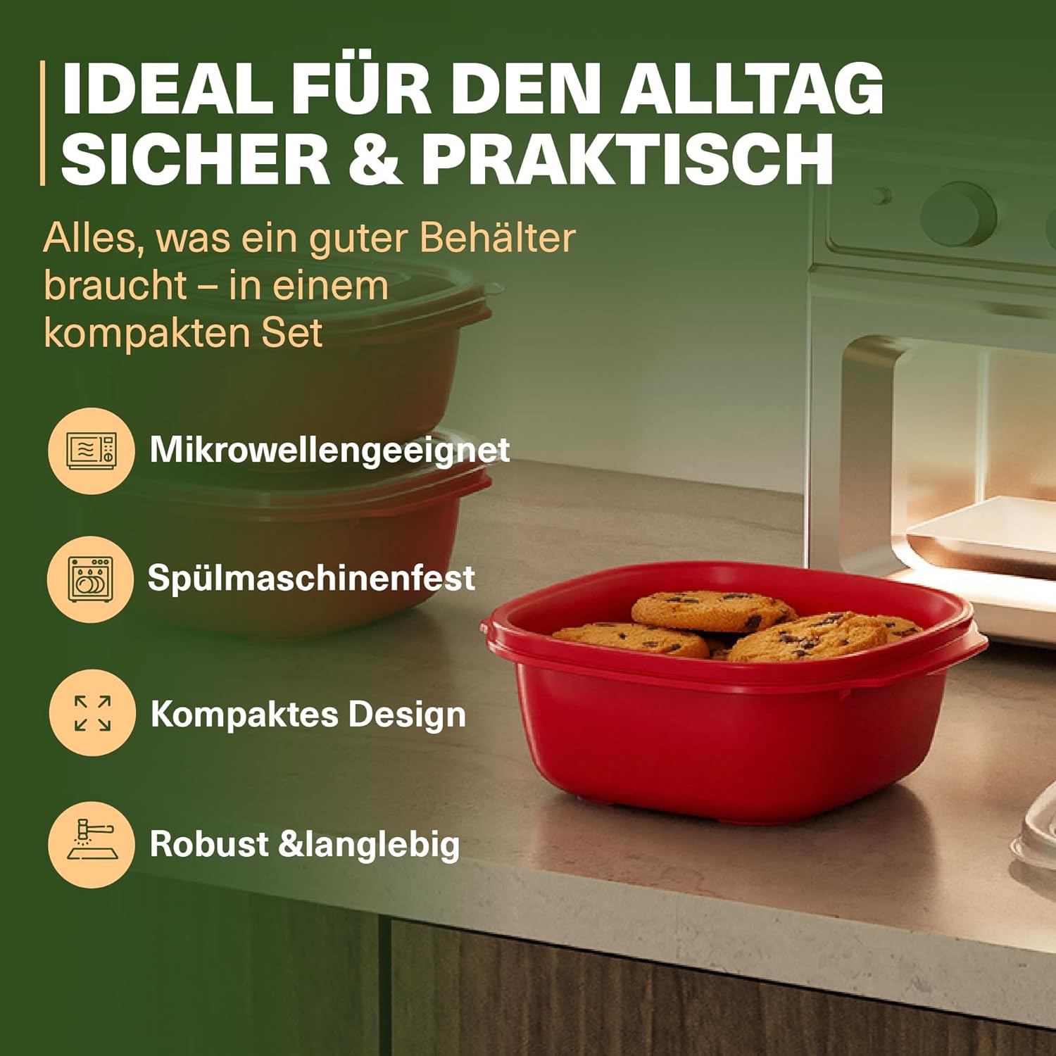 Viwares Heat'n Go Mikrowellenboxen, 5er-Set, 2,2 l, quadratische Essenszubereitungsbehälter mit Deckel und Dampfventil, stapelbar, spülmaschinenfest, für Mittagessen im Büro und auf Reisen, rot – Bild 4