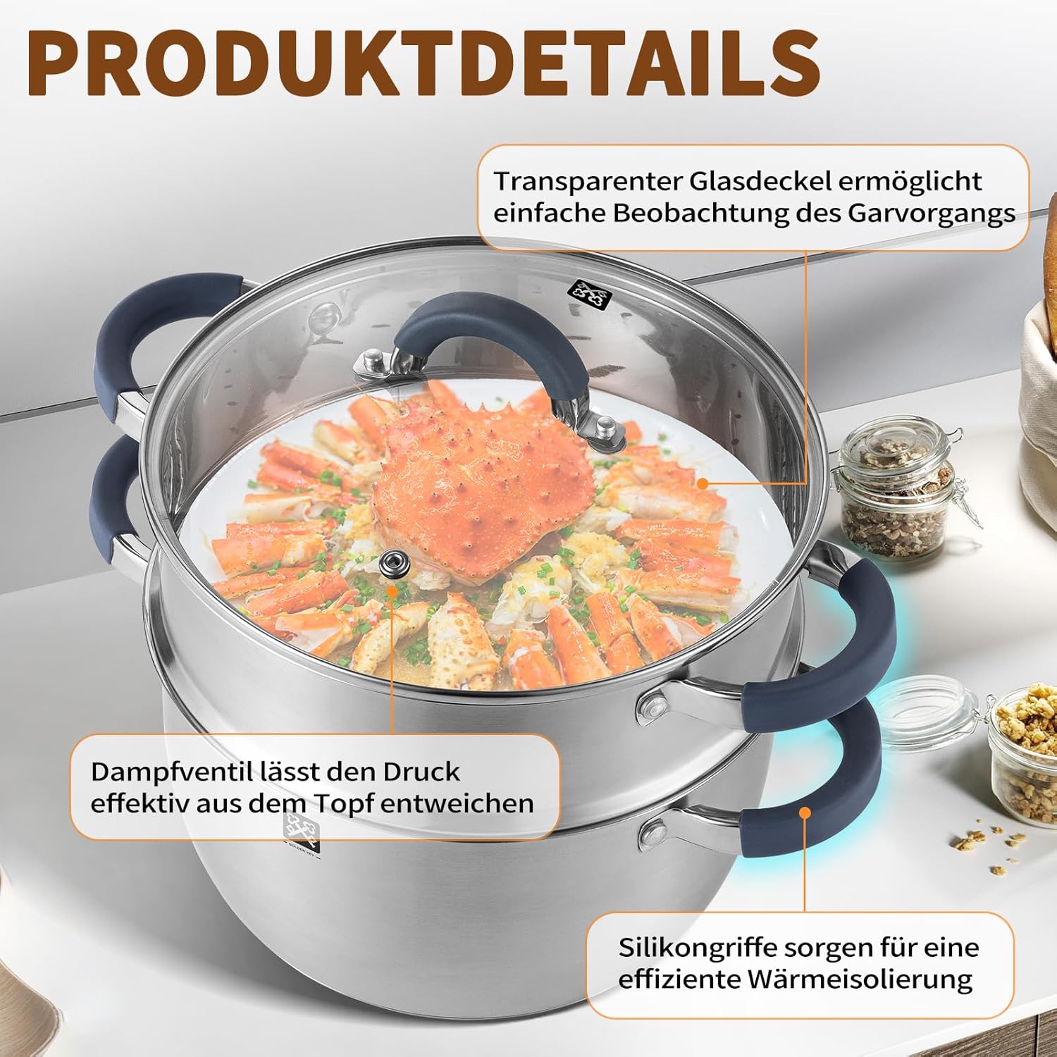 Dampfgarer mit Glasdeckel 24 cm, Edelstahl 5,3 l Dampftopf inklusive Dampfkorb, Induktionsdämpfer, Kartoffeldämpfer, Couscous-Topf, geeignet für Gemüse, Suppen, Knödel, Backofen und Spülmaschine – Bild 6