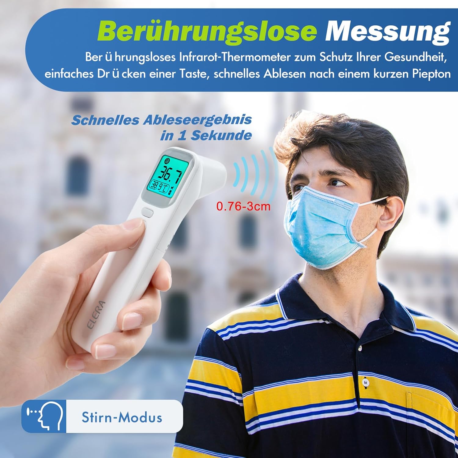 ELERA Fieberthermometer Ohr, Fieberthermometer berührungslos mit vier Messmodi und vierfarbiger Temperaturanzeige, Stirnthermometer Baby mit 1 Sekunde Messzeit und 40 Speicherfunktionen – Bild 2
