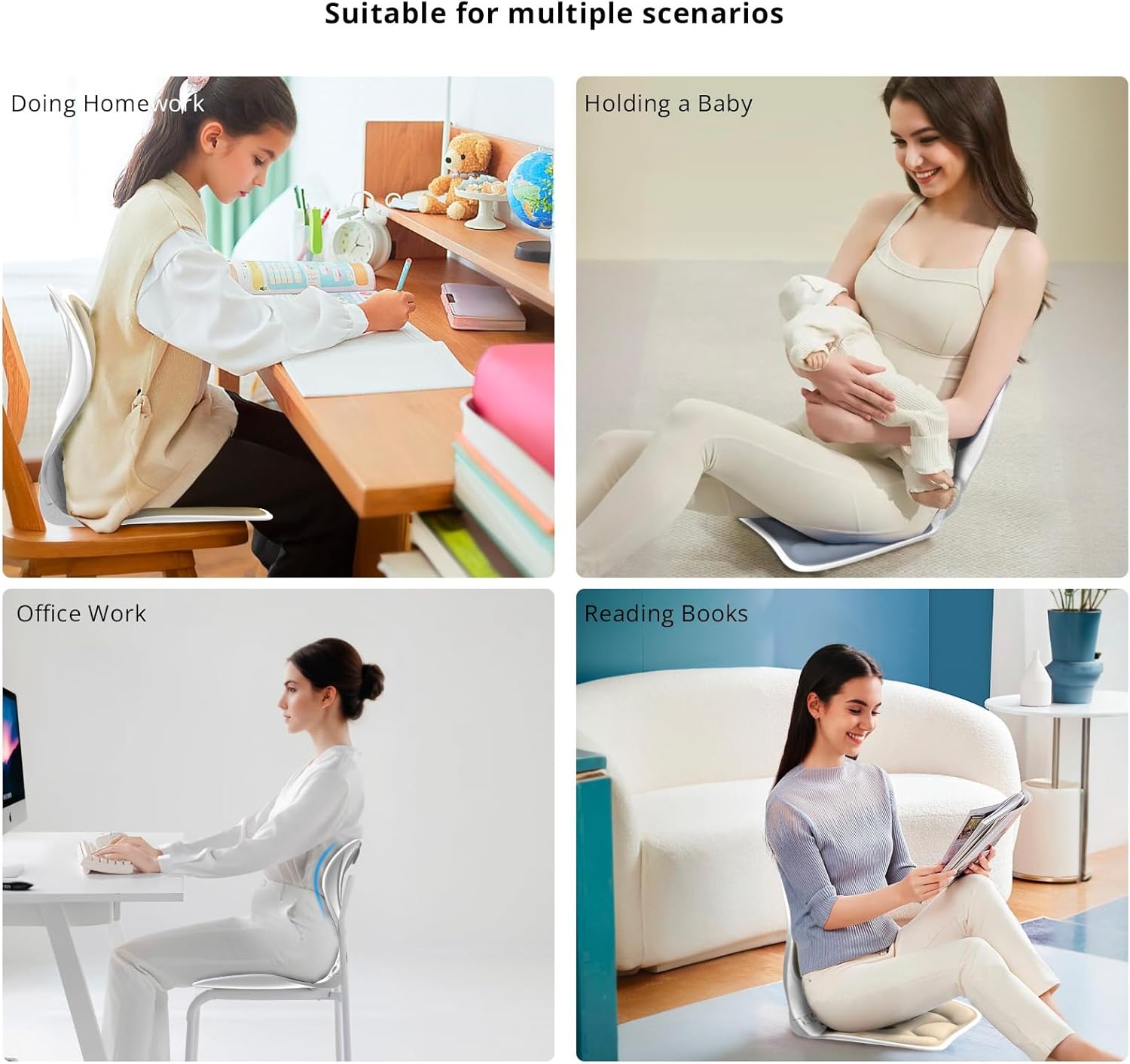 Klappbarer Stuhl zur Unterstützung der Lendenwirbelsäule, ergonomische Kurve zur Haltungskorrektur, Linderung von Rückenschmerzen, perfekt für Bodensitz, Büroarbeit, Hausarbeit, kleine Größe für Kinder, Jugendliche, Teenager (Graublau) – Bild 5