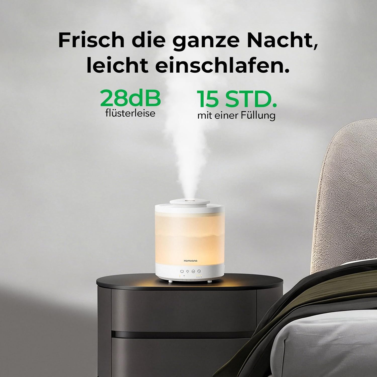 Homvana Schlafzimmer-Luftbefeuchter, 1,5 l Top-Fill-Kühlnebel, kleiner Luftbefeuchter Baby, Aroma-Diffusor, ätherische Öle, Duftöl, Aromatherapie, Ultraschall-Vernebler, Raumduft-LED-Diffusor, BPA-frei – Bild 4