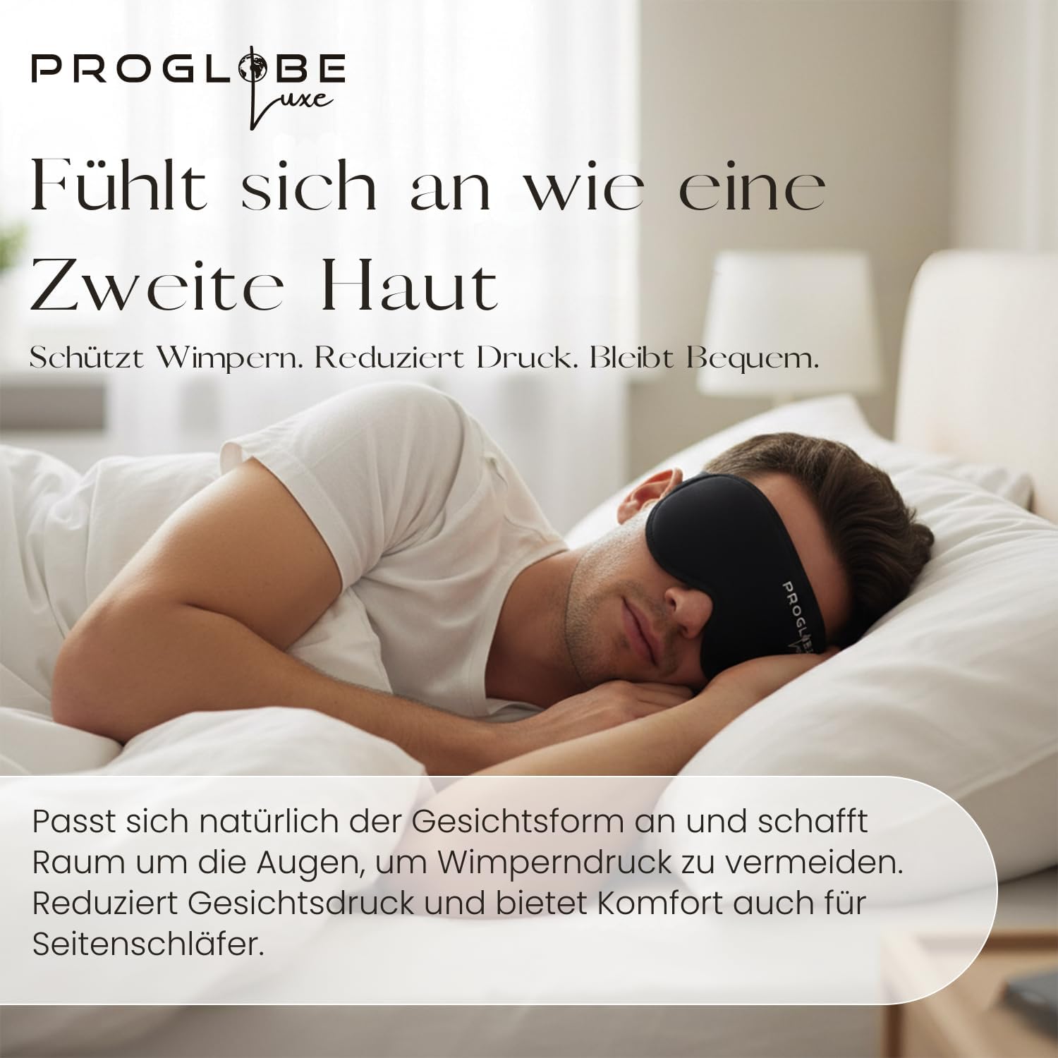 Proglobe Luxe Luxus-Schlafmaske für Rücken- und Seitenschläfer, 100 % blickdicht, 3D-Augenmaske mit druckfreien Augenhöhlen, wimpernfreundlich, weich und atmungsaktiv, Schwarz – Bild 7
