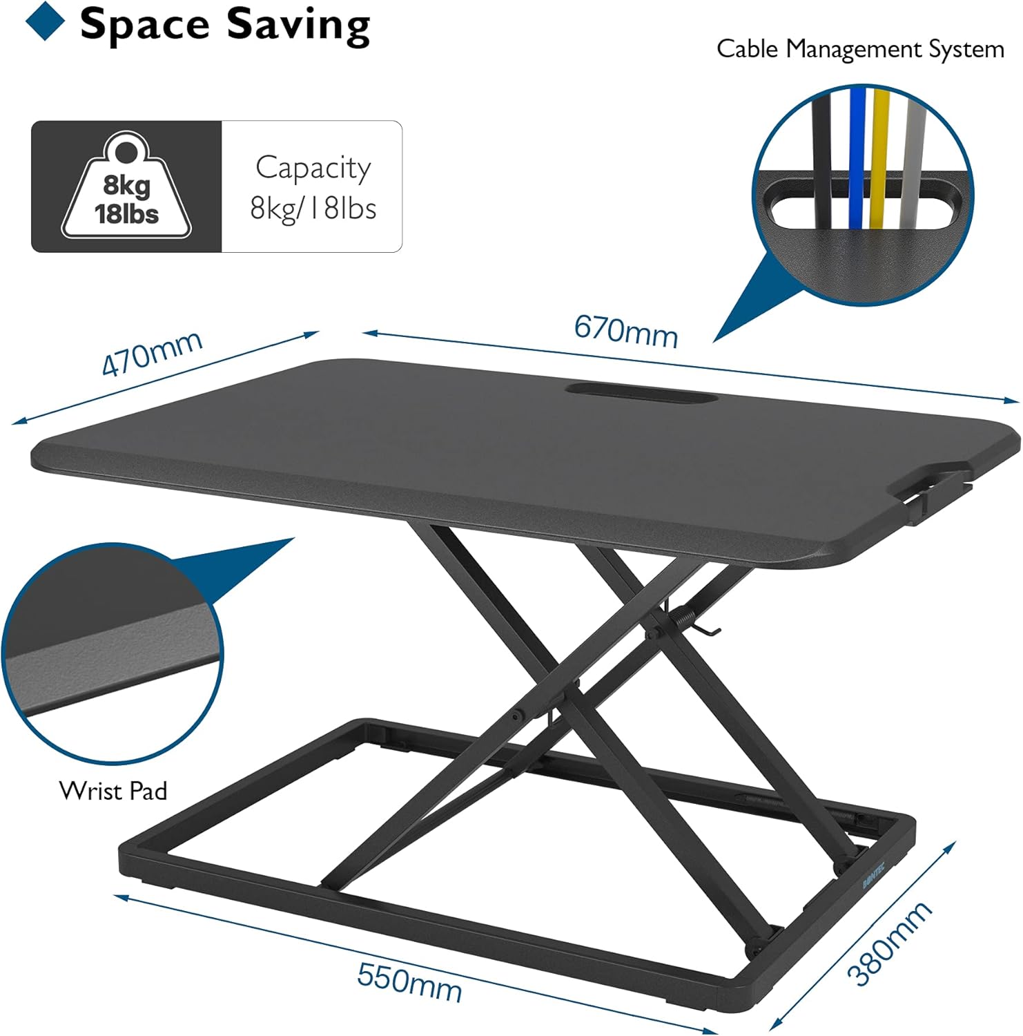 BONTEC Stehpult, Steharbeitsplatz, Stehtisch, ergonomisch, höhenverstellbar, für PC, Computer, Bildschirm, Laptop, 65 x 47 cm, Plattform, 8 kg Tragkraft – Bild 2