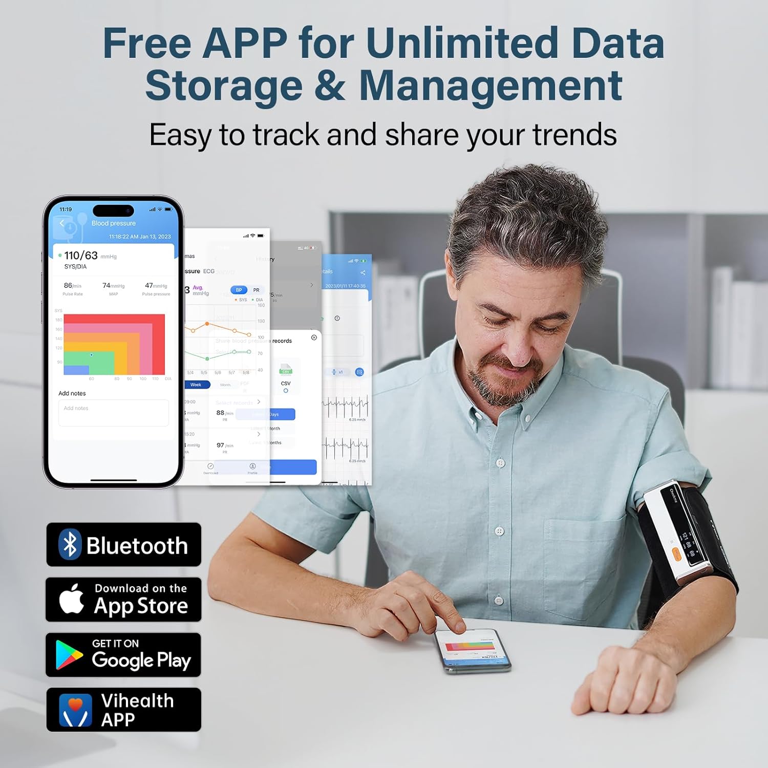 CheckMe Armfit Plus Blutdruckmessgerät Oberarm Bluetooth mit EKG, Analyse des EKG-Berichts, 30S-Messung von Blutdruck, EKG, Herzfrequenz, Multi-User-Management, Blutdruckmessgerät mit App für Android/iOS – Bild 4