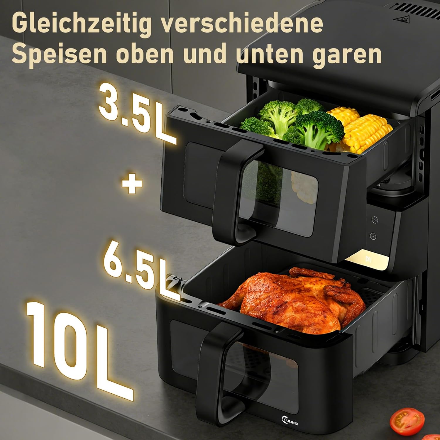 Heißluftfritteuse 2 Kammern, Airfryer 10L mit Sichtfenster & Innenbeleuchtung, Heißluftfritteuse Vertikale Doppelkammer für platzsparendes Familienkochen, SYNC-Funktion, 80-200°C, 3,5L+6,5L 10-in-1 – Bild 3