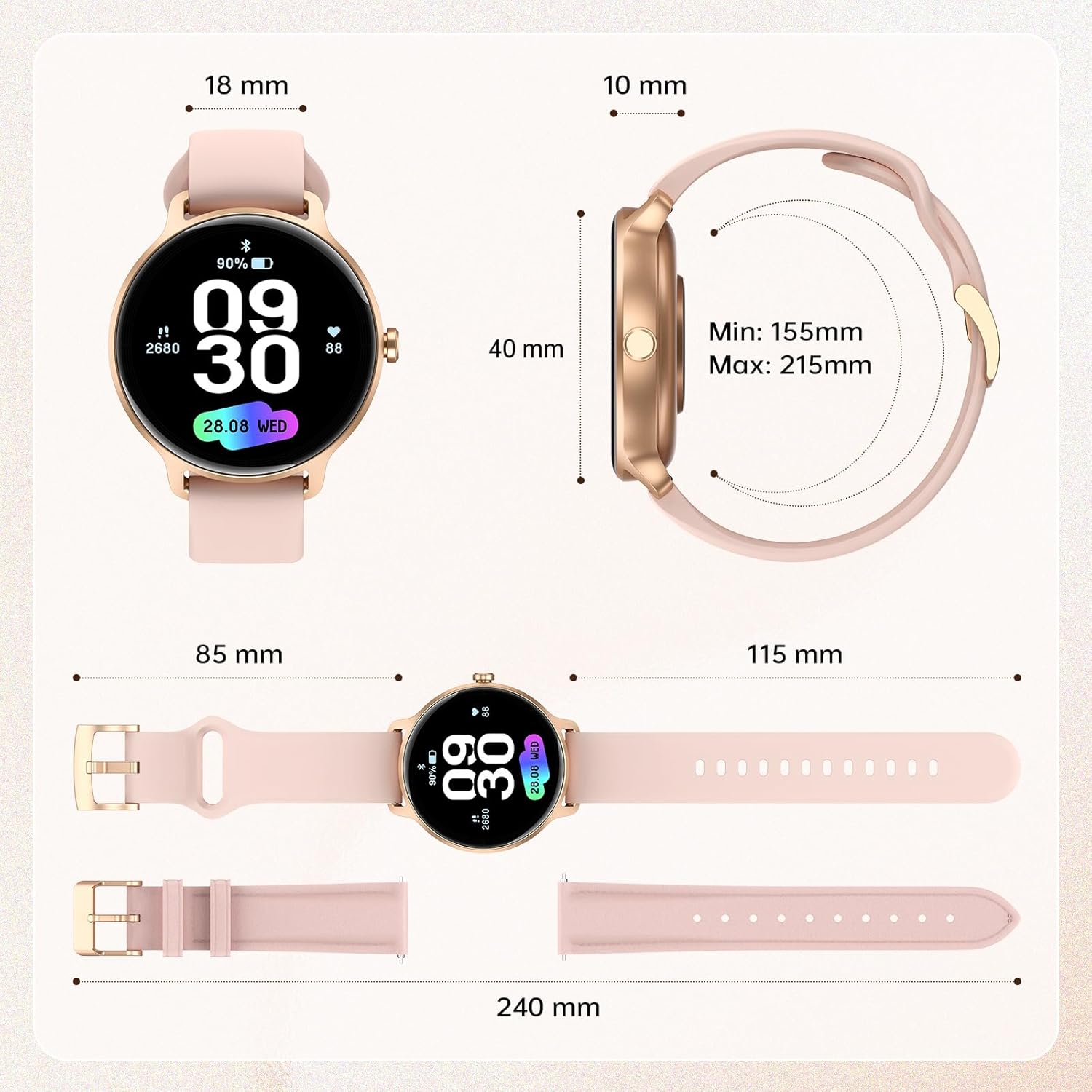 Damen Runde Smartwatch, 1,27 Zoll AMOLED Smartwatch mit Telefonfunktion, Fitnessuhr mit Herzfrequenzmesser, SpO2-Schlafmonitor, Schrittzähler, 120+ Sportmodi, Sportuhr, IP68 wasserdicht, Damenuhren für iOS Android – Bild 9