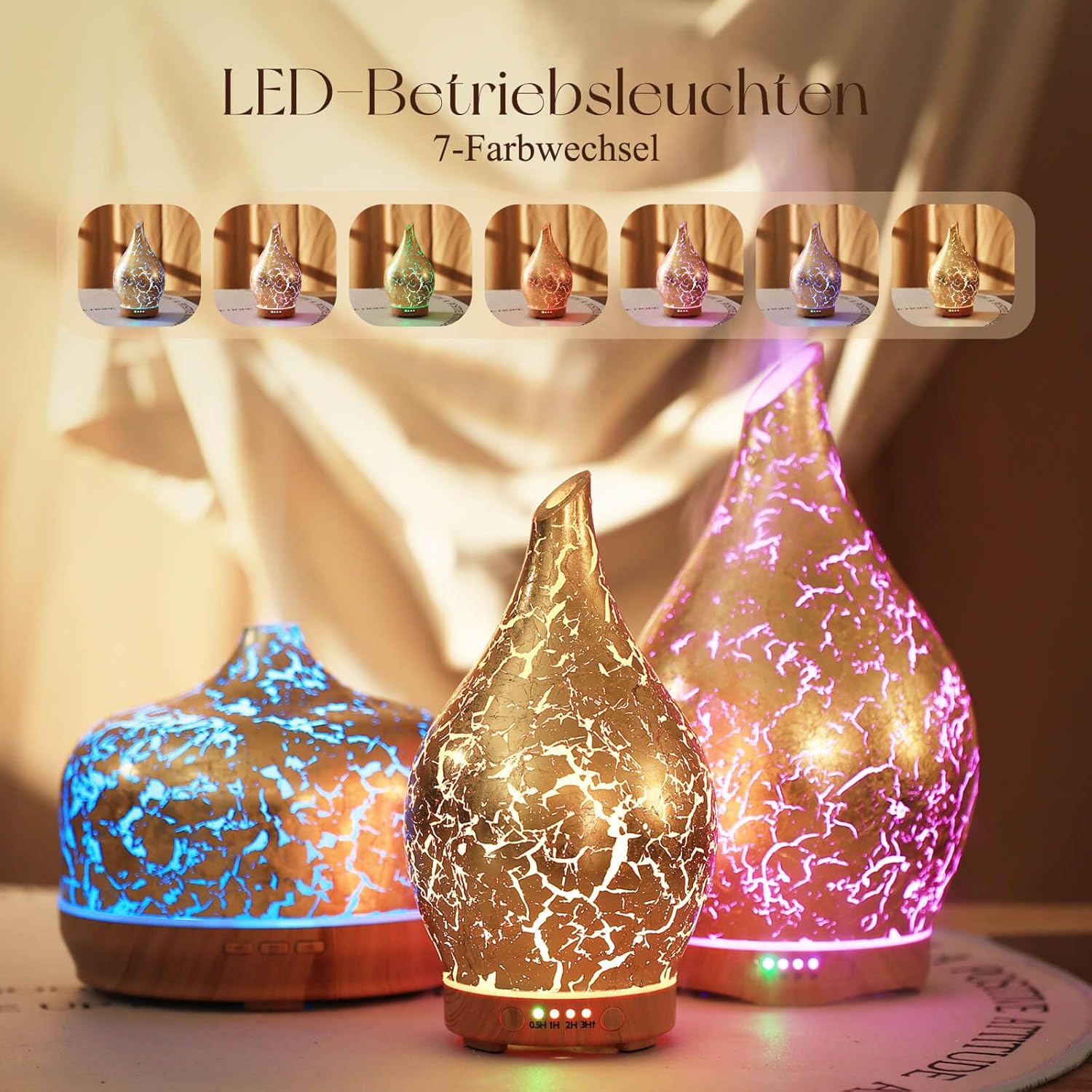 Porseme Aroma-Diffusor 150 ml, mundgeblasener Glas-Luftbefeuchter, Ultraschall-Aromatherapie-Öle-Diffusor mit 7 farbigen LED-Lichtern, Diffusor für ätherische Öle mit Timer, BPA-frei für Zuhause (vergoldet) – Bild 2