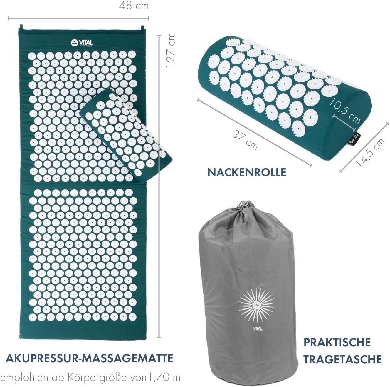 Bodhi Vital Akupressurmatten-Set XL, Massagematte & Kissen inklusive Tasche, Nadelkissen zur Selbstmassage, Entspannungsmatte bei Nacken- und Rückenschmerzen, Fake-Matte für zu Hause, Petrol – Bild 3