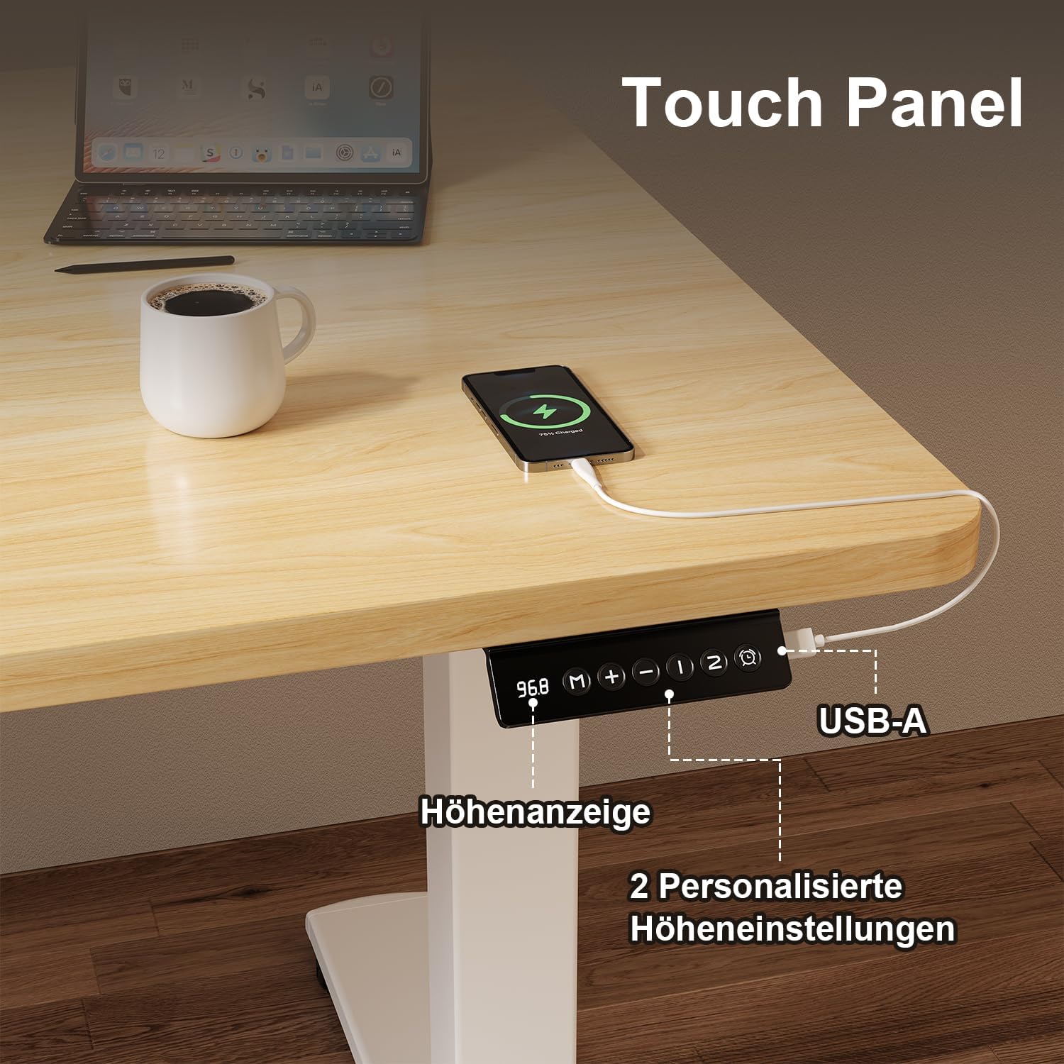 JUMMICO Elektrisch höhenverstellbarer Schreibtisch – Stehsitztisch mit Memory-Funktion & kompletter Tischplatte, Computertisch für Büro & Zuhause, 160 x 60 cm, Beige – Bild 5