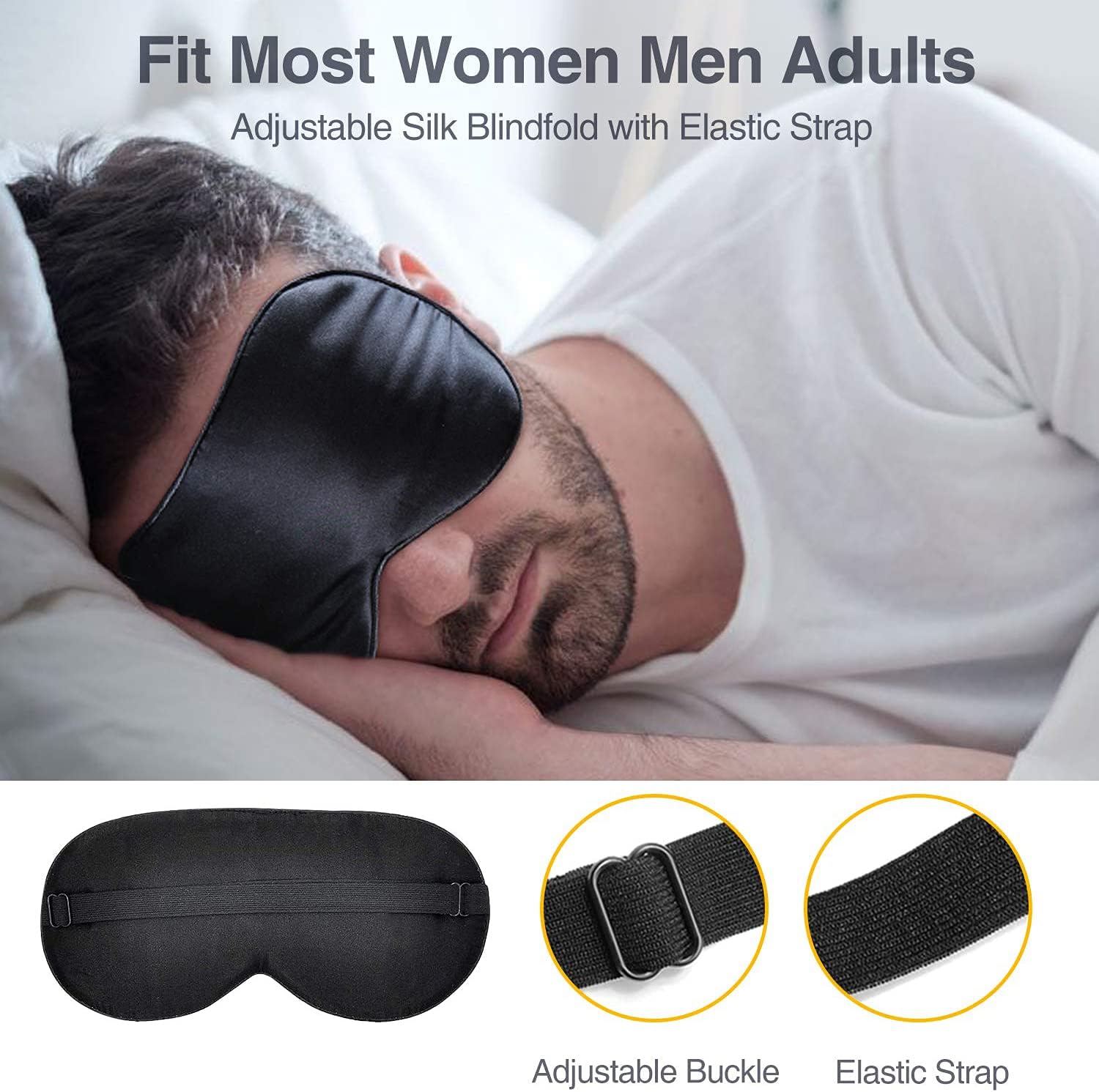 Schlafmaske aus Seide, Augenmaske, 2 Stück, 100 % hautfreundliche Schlafmaske aus Seide für Damen und Herren mit verstellbarem Gummiband und Ohrstöpseln, Nachtmaske, ideal zum Schlafen zu Hause und auf Reisen – Bild 6
