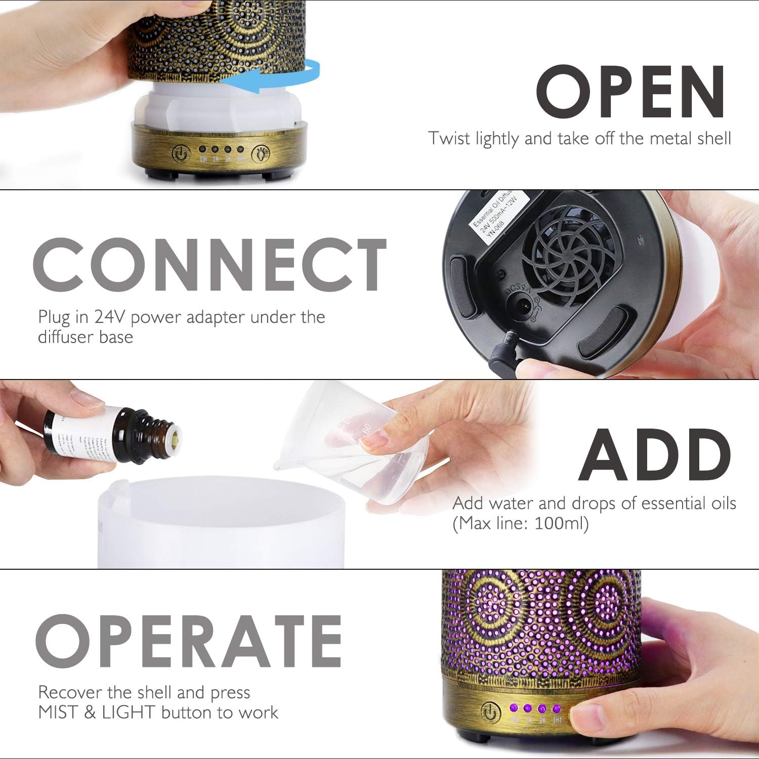 Salking Aroma-Diffusor-Luftbefeuchter, handgefertigter Metall-Diffusor für ätherische Öle, automatische Abschaltung, 7-Farben-Licht, Vintage-Aromatherapie für Baby, Heimbüro oder Yoga – Bild 6