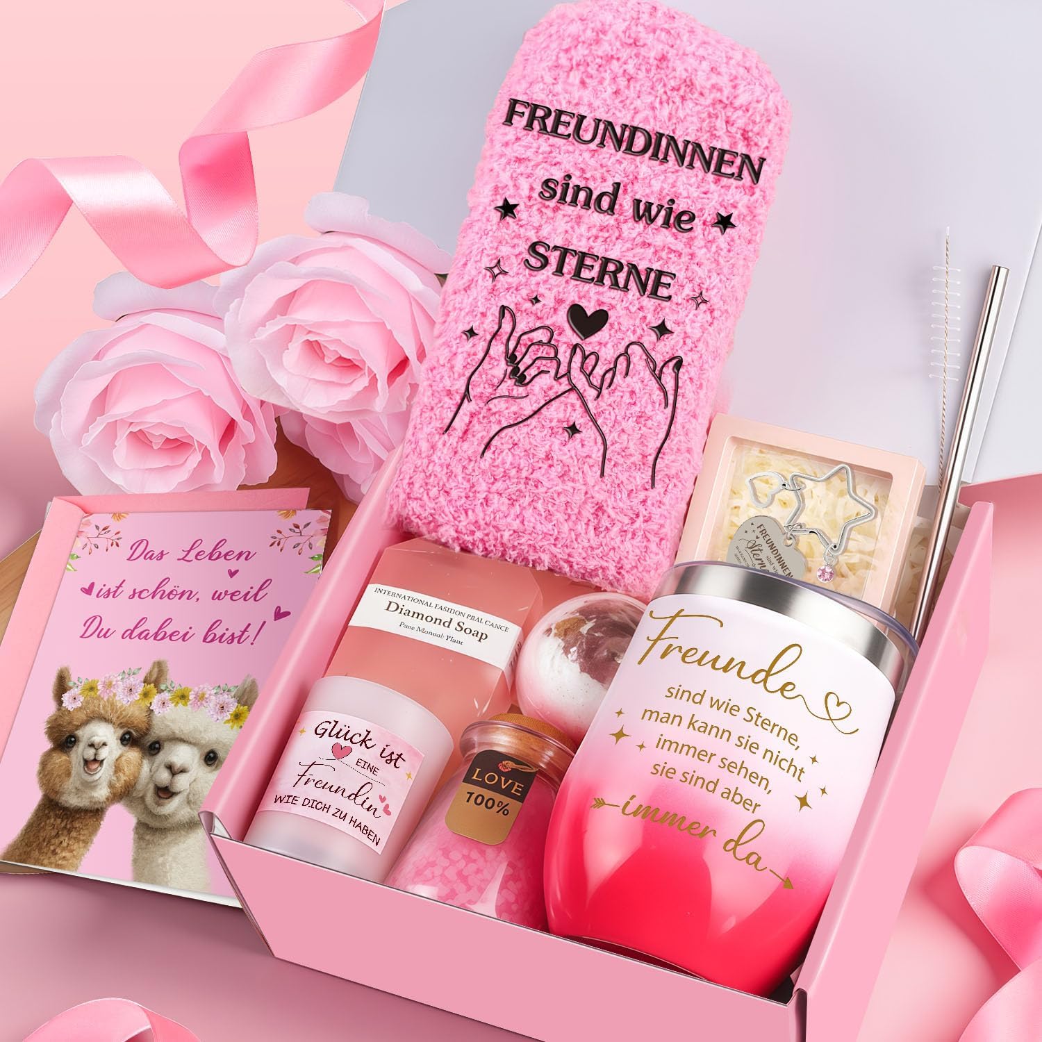 Giftota Geschenke für Frauen, beste Freundin, Geburtstagsgeschenk für Frauen, beste Freundin, Geburtstagsgeschenkset für Frau, rosa Thermobecher, Geschenkbox, Freundinnen, Wellness-Geschenkset – Bild 6