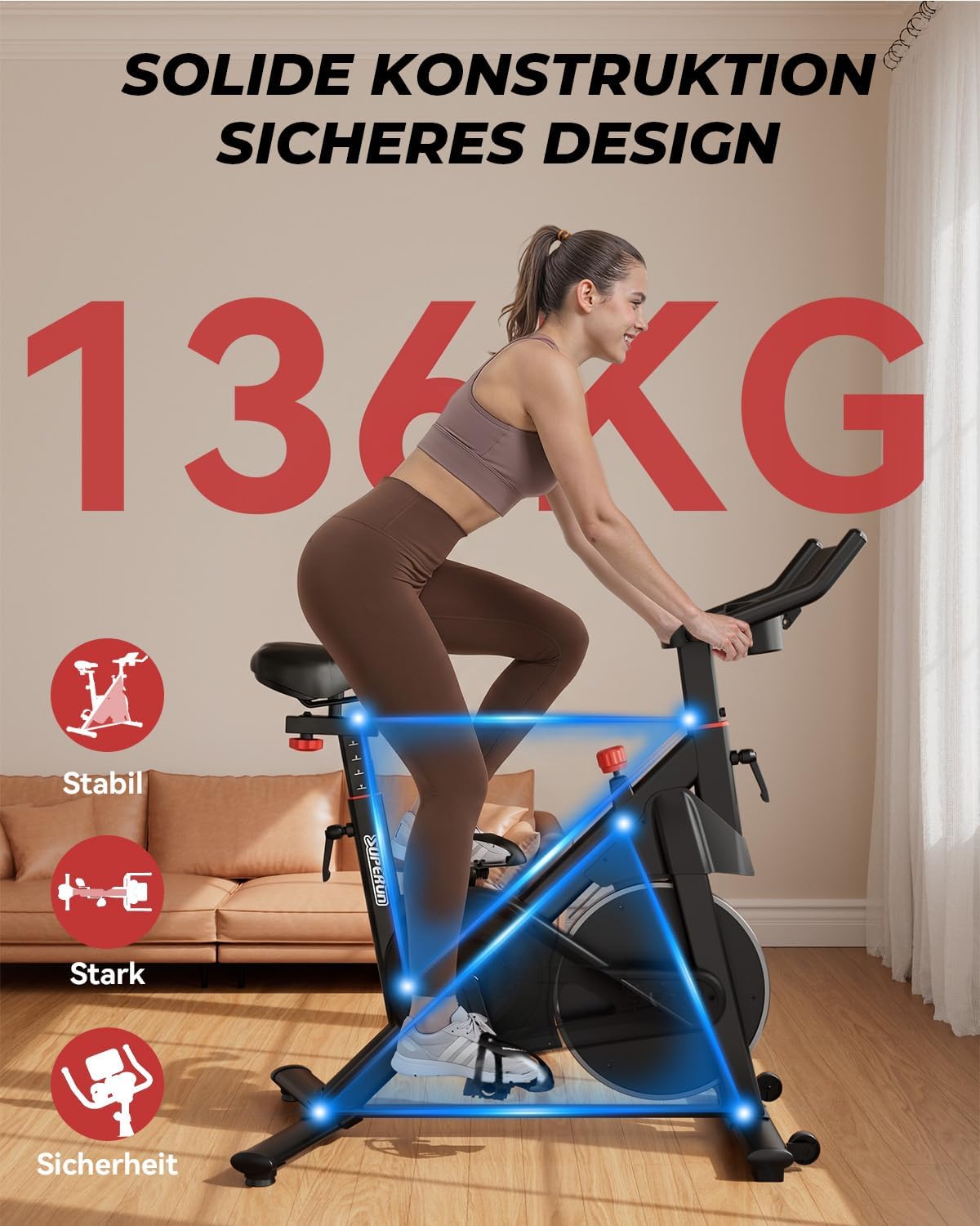 Heimtrainer mit App, Superun Ergometer Spinning Bike Indoor mit einstellbarem Widerstand, magnetischer Widerstand stationär, 15 kg Schwungrad, extrem leise für Cardio-Training zu Hause – Bild 6