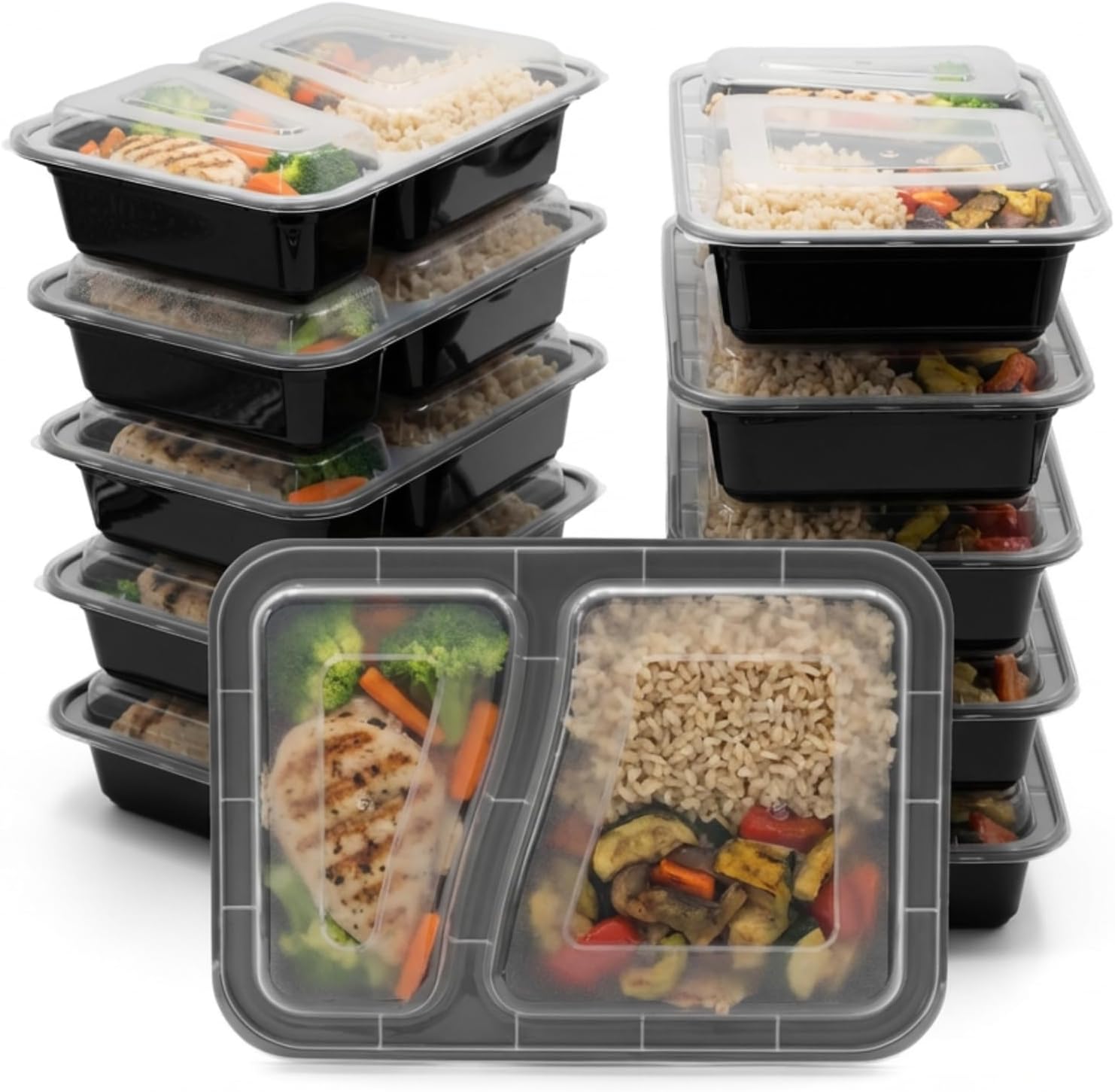 BigDean Packung mit 10 wiederverwendbaren Meal-Prep-Boxen mit Deckel und 2 Fächern – robuste Meal-Prep-Boxen, stapelbare Meal-Prep-Dosen und Lebensmittelbox – mikrowellen-, gefrier- und spülmaschinenfest