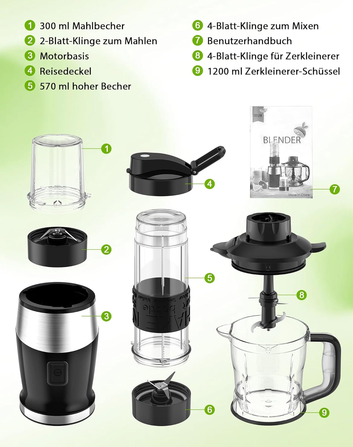 Mixer, 700W Smoothie Maker, Standmixer & Mixer Smoothie Maker, Multifunktions-Smoothiemaker/Fleischzerkleinerer/Ice Crusher/Kaffeemühle mit 570ml Sport-Flasche BPA frei Tritan – Bild 9