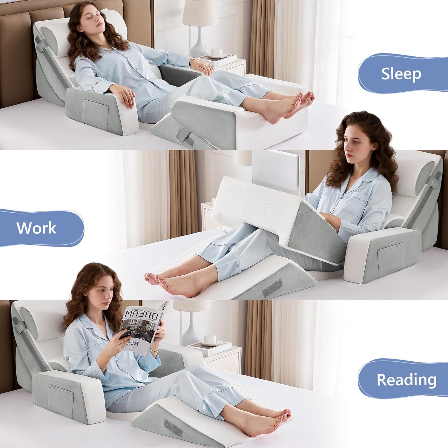 9PCS Orthopädische Bett Keil Kissen Set, Post Chirurgie Schaum Kissen für Körper, Rücken und Beine Schmerzlinderung, Justierbare Stützkissen mit Säure Reflux Schlafkissen Bed Wedge Pillow Hellgrau – Bild 7