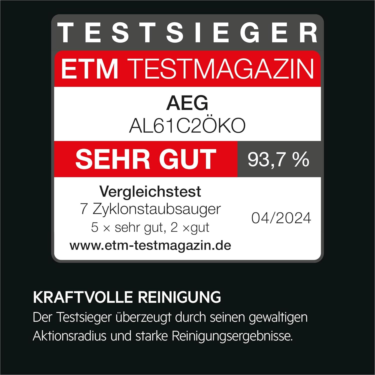 AEG Clean 6000 Eco Beutelloser Staubsauger, ETM-Testsieger, 60 % recyceltes Material, 550 W, Zusatzdüsen, Soft Wheels, 74 dB(A), 12 m Aktionsradius, 1,6 L Staubbehälter, Schwarz, AL61C2ÖKO – Bild 2