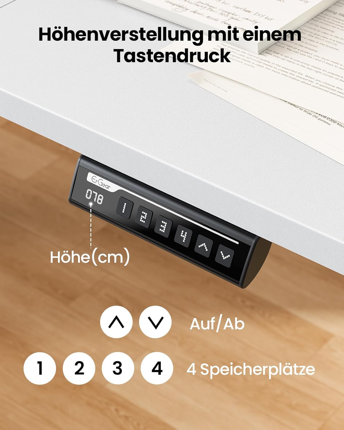ErGear Elektrisch höhenverstellbarer Schreibtisch 140 x 70 cm, Schreibtisch höhenverstellbar mit 4 Memory-Funktionen, Gaming-Tisch mit 4-teiliger Tischplatte – Bild 4