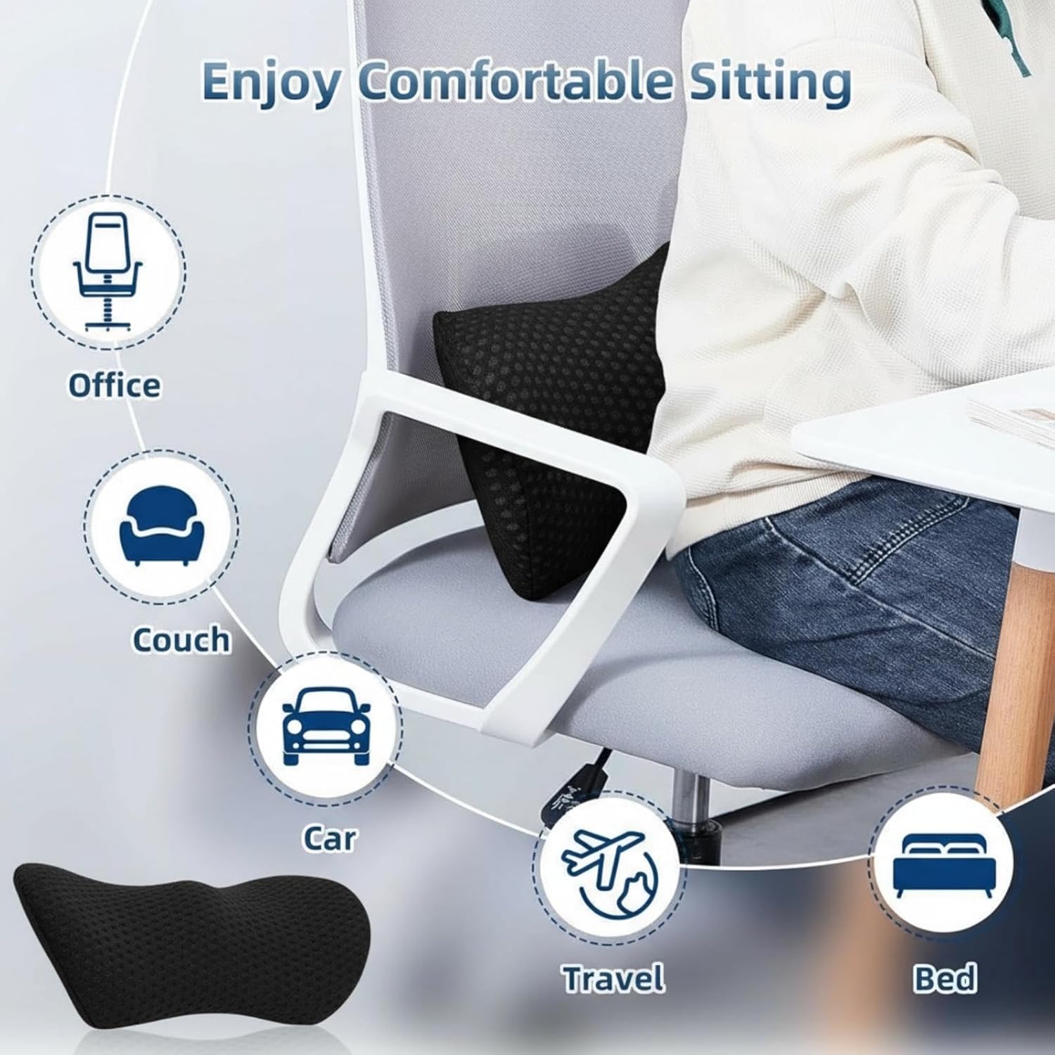 Ergonomisches Memory-Schaum-Lendenkissen, orthopädisches Rückenkissen für Bett, Bürostuhl und Auto, grau, mit Lordosenstütze und Steißbein-Entlastung (schwarz) – Bild 5