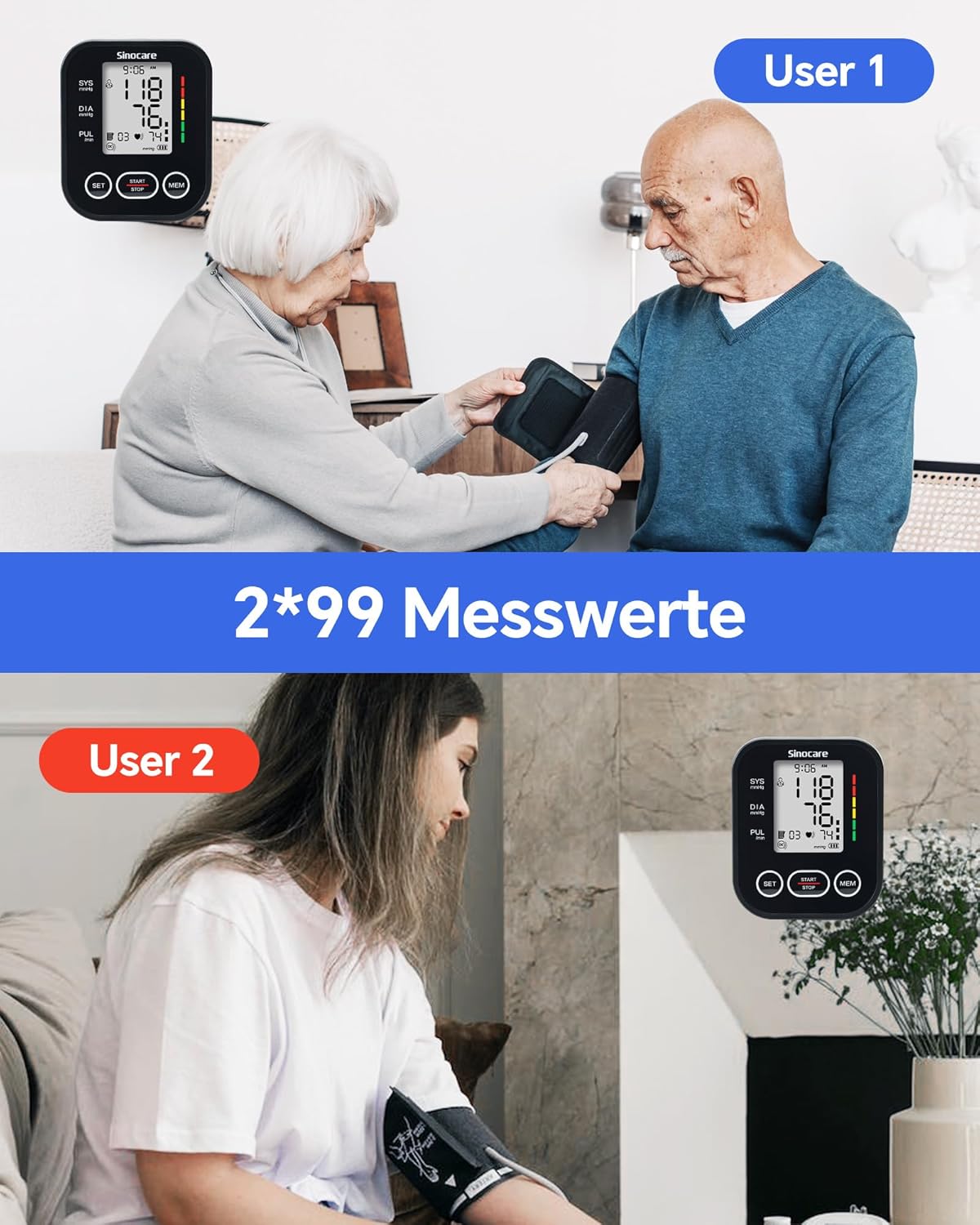 Sinocare Oberarm-Blutdruckmessgerät – klinisch validiert, 2 x 99 Speicher für 2 Benutzer, Ein-Knopf-Bedienung, XL-Manschette (22–42 cm), Arrhythmie-Erkennung – Bild 2