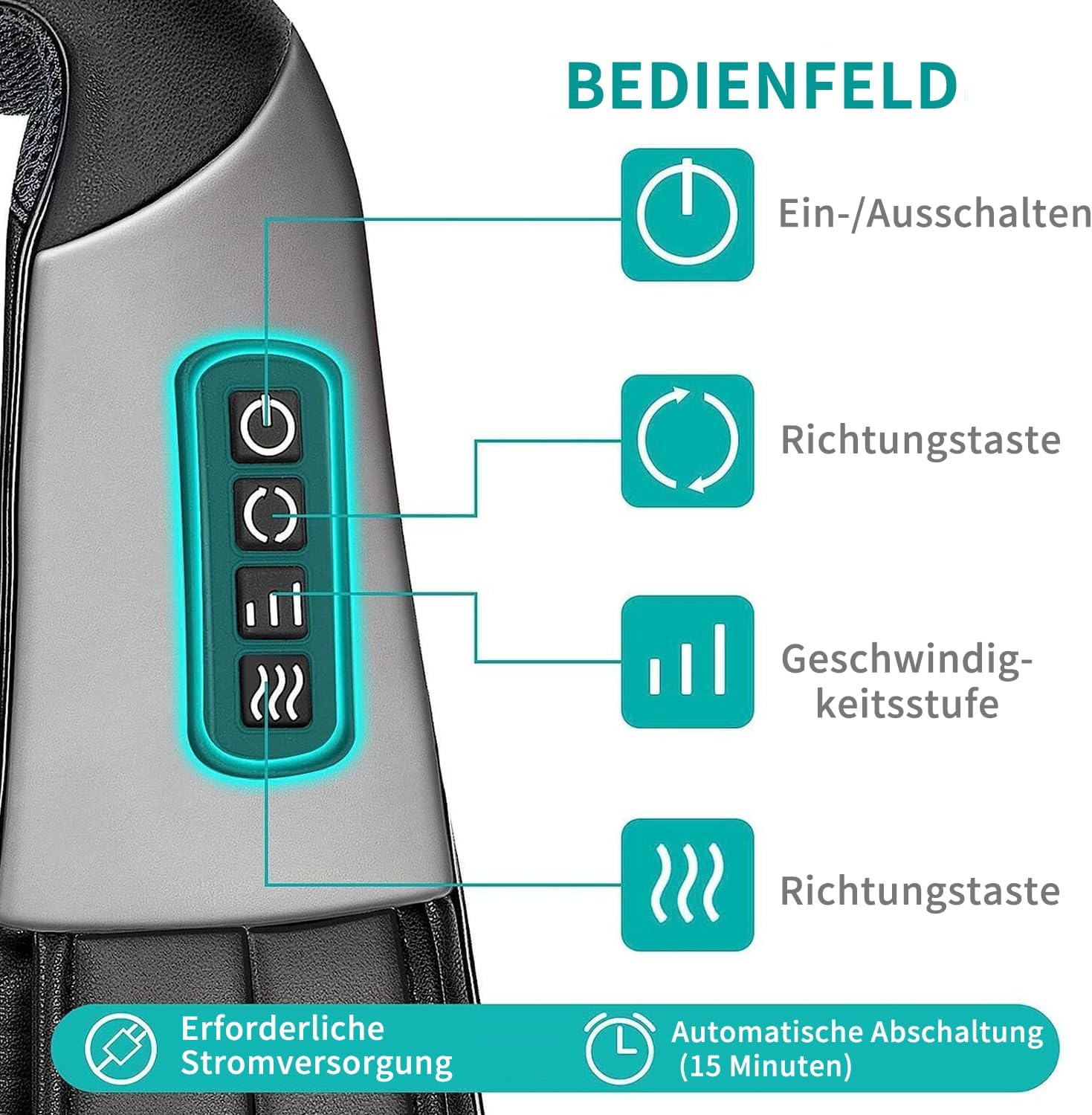 Nekt Eck-Shiatsu-Tiefknet-Massagekissen mit Wärme, Auto-Bürostuhl, Nacken-, Schulter-, Rücken-, Taillenmassagekissen (Geschwindigkeitskontrolle, bidirektionale Steuerung) – Schwarz – Bild 3