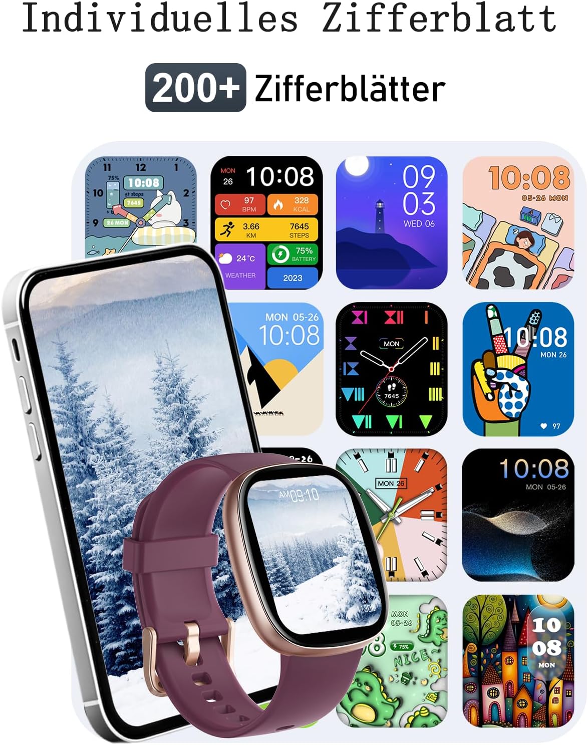 Damen Smartwatch mit Telefonfunktion, 1,85 Zoll Smartwatch mit SpO2/Herzfrequenz/Schlafmonitor/Schrittzähler 100+ Sportmodi, IP68 wasserdichte Fitnessuhr Whatsapp Notify für Android iOS Handy – Bild 6