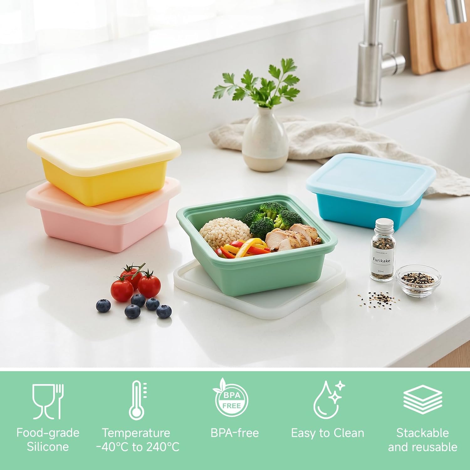 4 Stück extra große Silikon-Gefriertabletts, 2 Tassen Suppen-Gefrierschrank-Eiswürfelschalen mit Deckel, BPA-freie Lebensmittel, Suppen-Gefrierbehälter, stapelbar für Brühe, Soße, Eis, Essenszubereitung (500 ml) – Bild 5