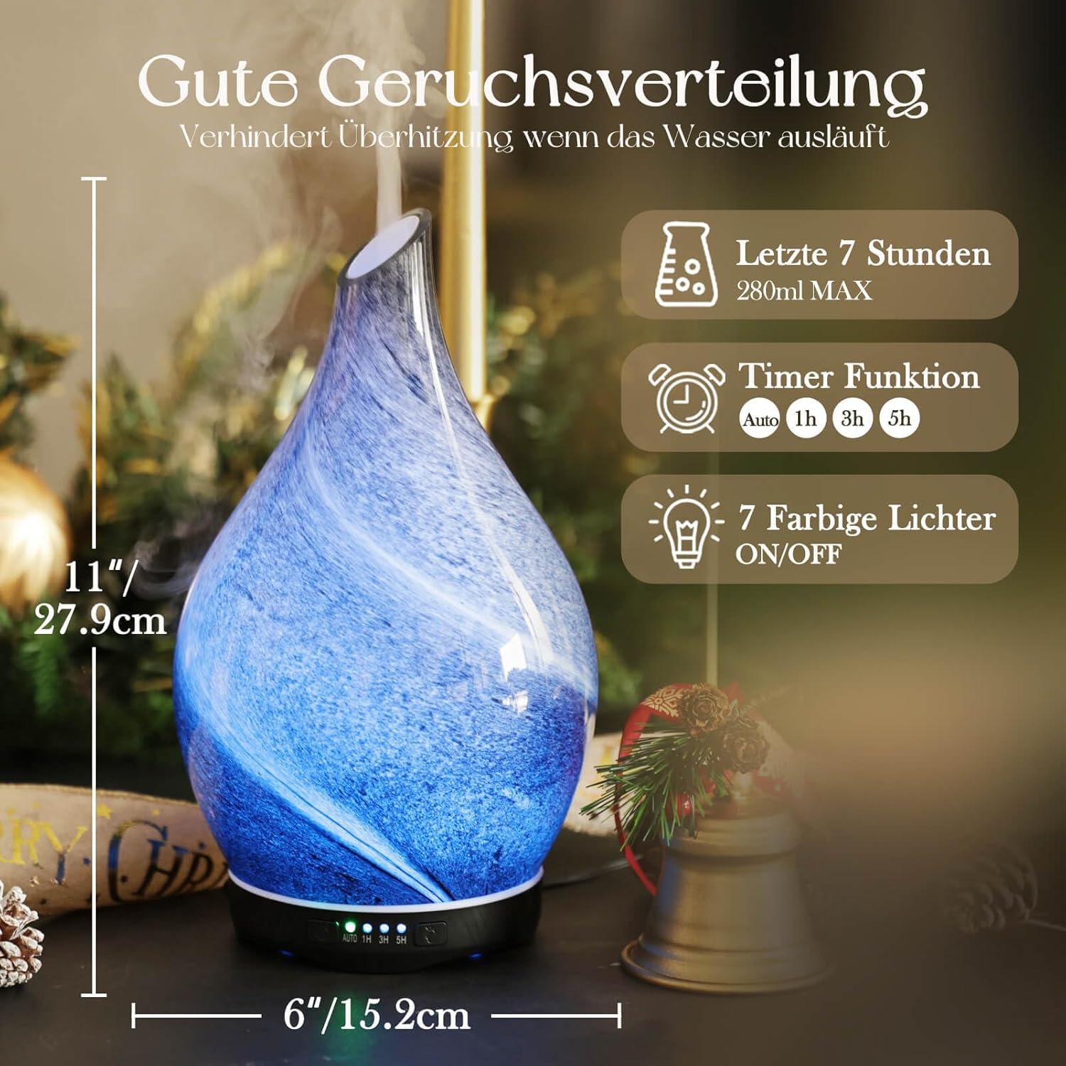 Porseme Aromadiffusor 280 ml, Luftbefeuchter aus mundgeblasenem Glas, Ultraschall-Aromatherapie-Öldiffusor mit 7 farbigen LED-Lichtern, Diffusor für ätherische Öle mit Timer, BPA-frei für Zuhause (Obsidian) – Bild 2