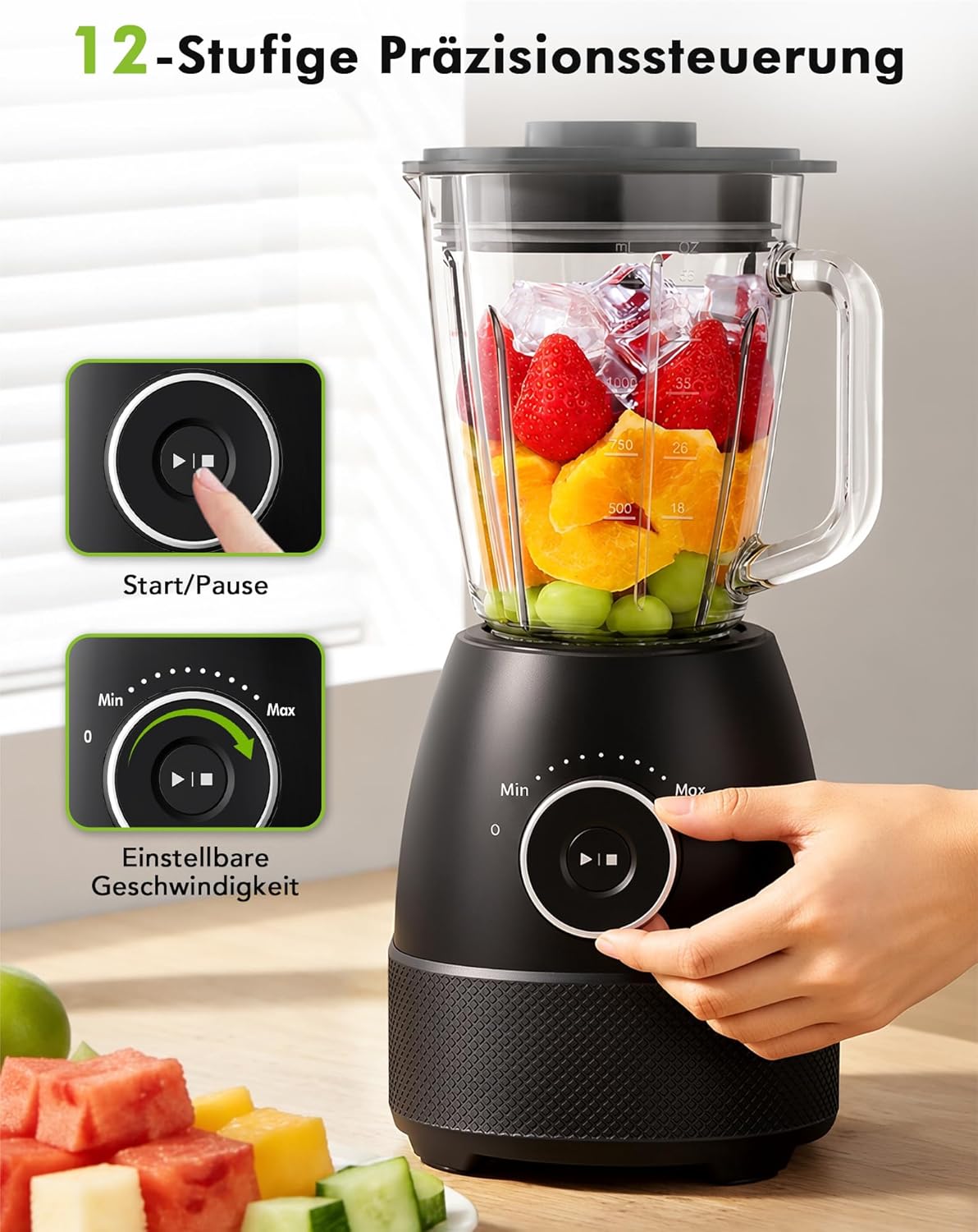 Mixer, Smoothie Maker, Standmixer, 1500 Watt High Speed Mixer Smoothie Maker mit 1,5 L Glasbehälter, 600 ml Flaschen, BPA-freies Tritan, einstellbare Geschwindigkeit für Smoothies, Mixen – Bild 4