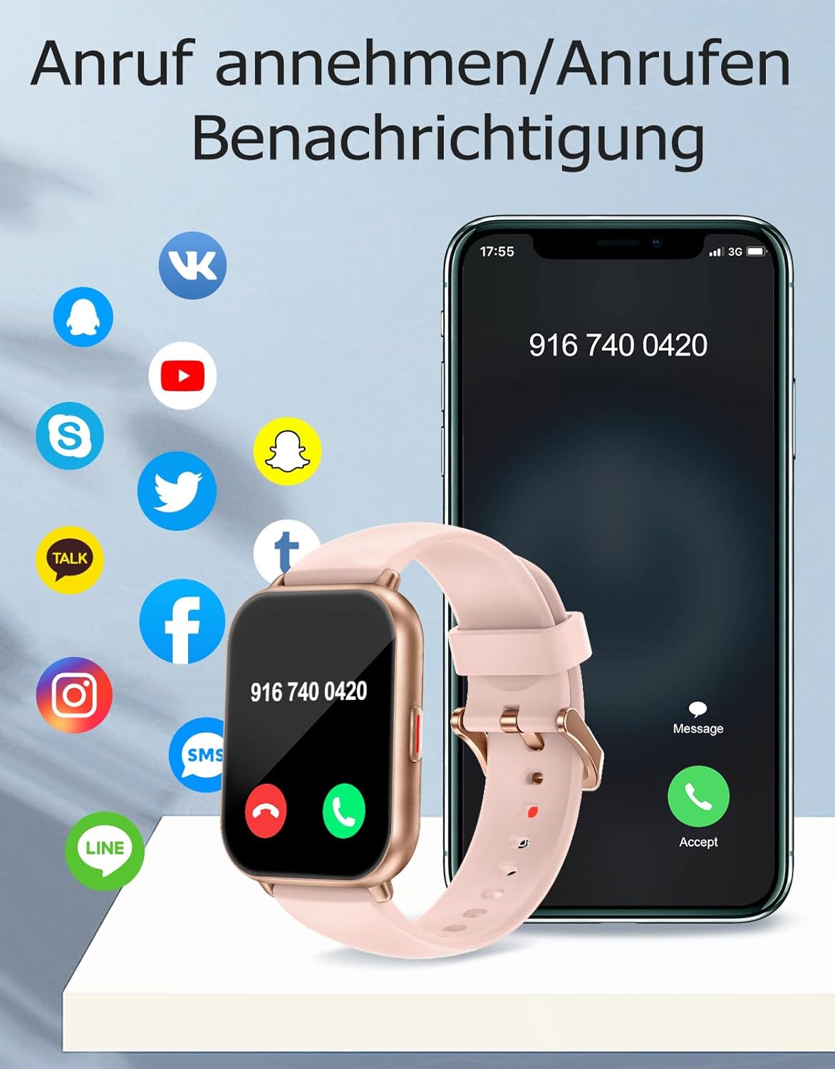 RUIMEN Smartwatch mit Telefonfunktion, Smartwatch für Damen, 1,85 Zoll HD-Bildschirm, Fitnessuhr mit SpO2-Überwachung, Herzfrequenzmesser, Schlafmonitor, Schrittzähleruhr, 110+ Trainingsmodi für Android iOS (2 Bänder) – Bild 2