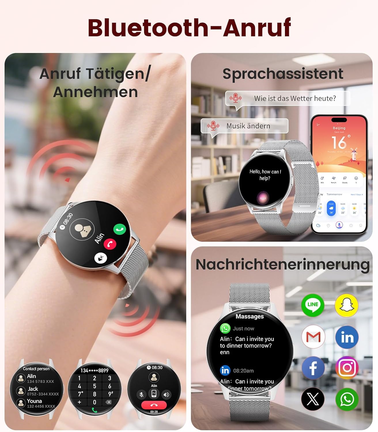 Damen-Smartwatch mit Anrufen – 7,99 mm ultradünne elegante Fitnessuhr mit 1,43 Zoll HD Always-On-Display, IP68 wasserdicht, 100+ Sportmodi, Damengesundheit für iOS Android, Silber – Bild 9