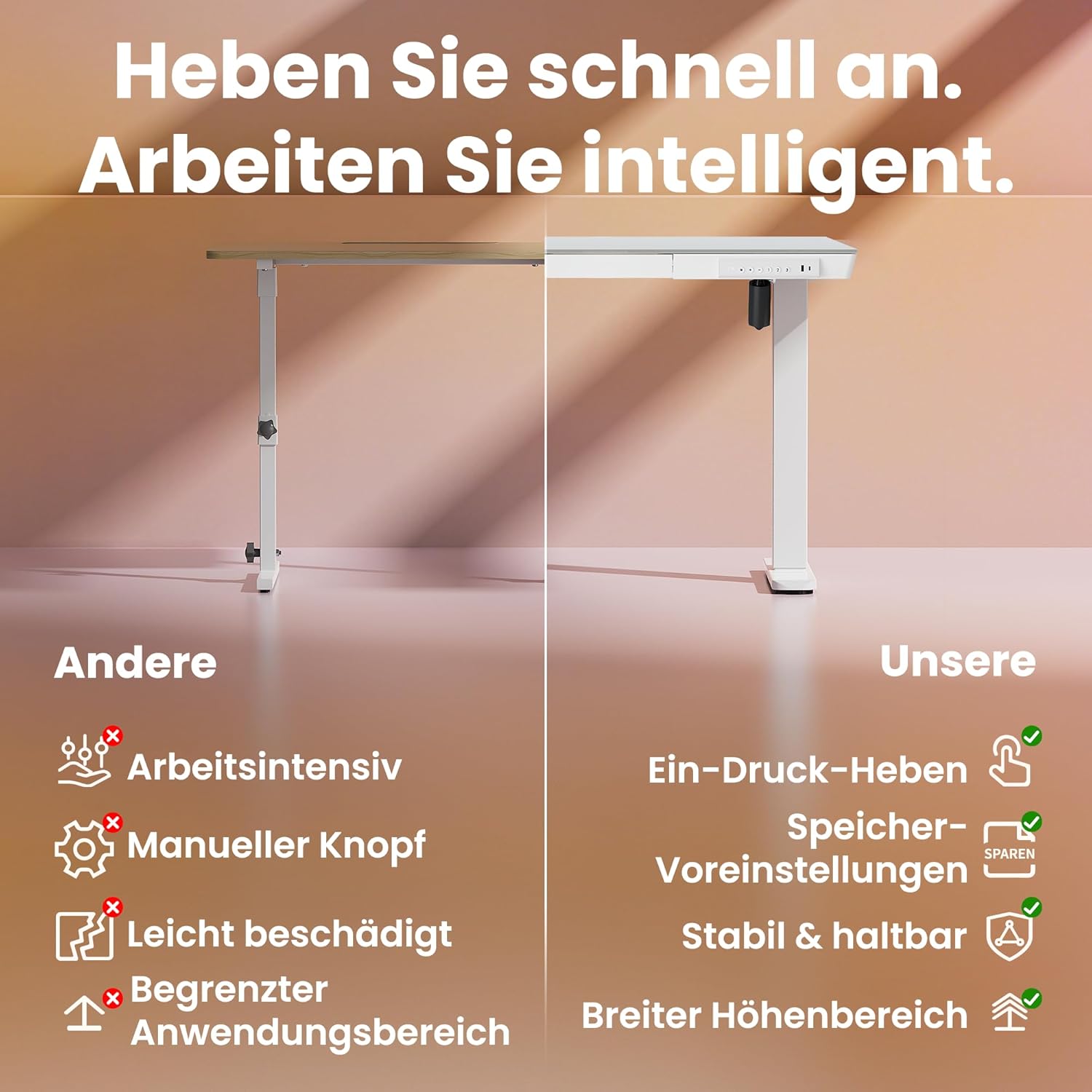 HUANUO 88 x 50 cm höhenverstellbarer Schreibtisch aus Glas mit Schublade, höhenverstellbarer Schreibtisch, ganze Tischplatte, USB-Ladeanschluss und 3 Speicherfunktionen, Weiß – Bild 12