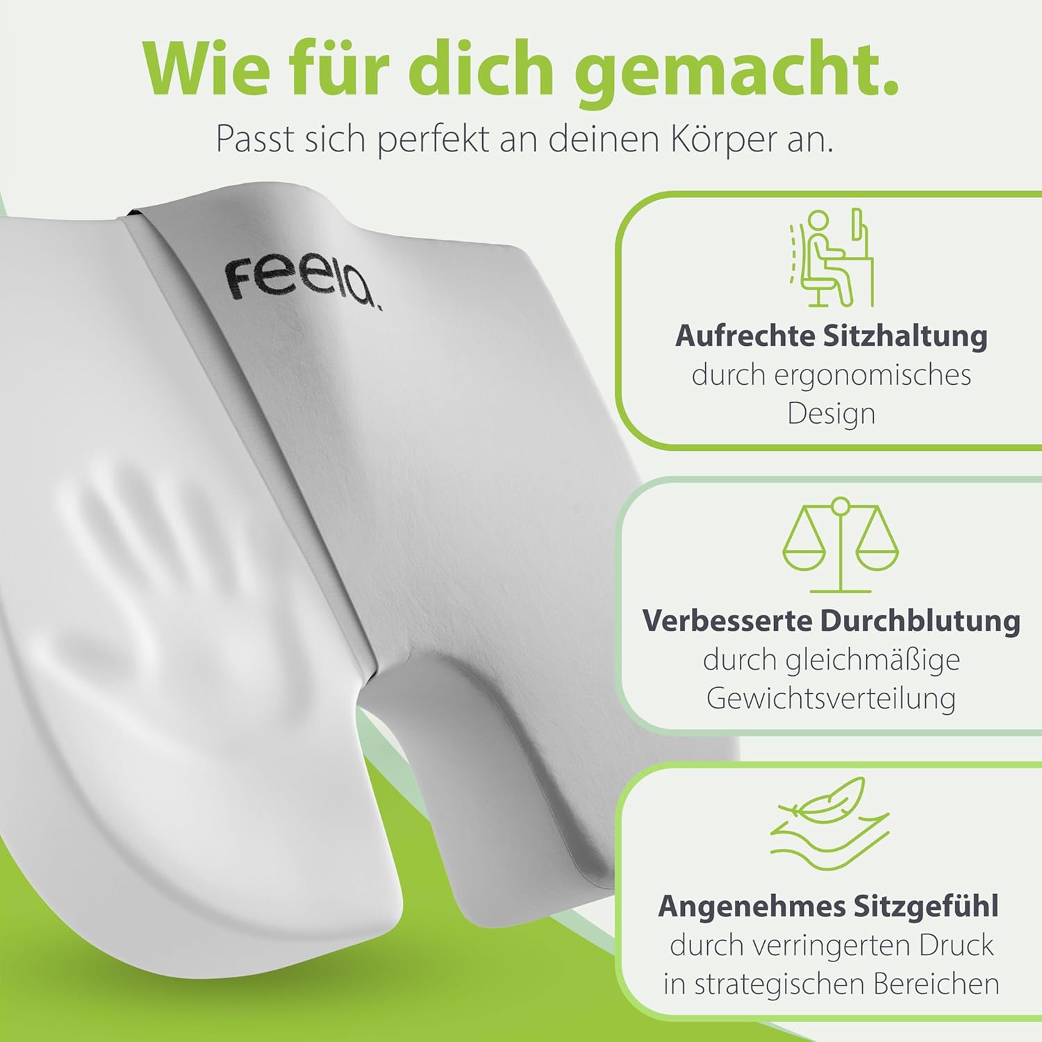 Feela. Orthopädisches Keilkissen (3 Härtegrade) – Haltungskorrektur aus Memory-Schaum für mehr Sitzkomfort und Linderung von Ischias – ideales Sitzkissen für Stuhl für Büro und Sofa (mittel) – Bild 3