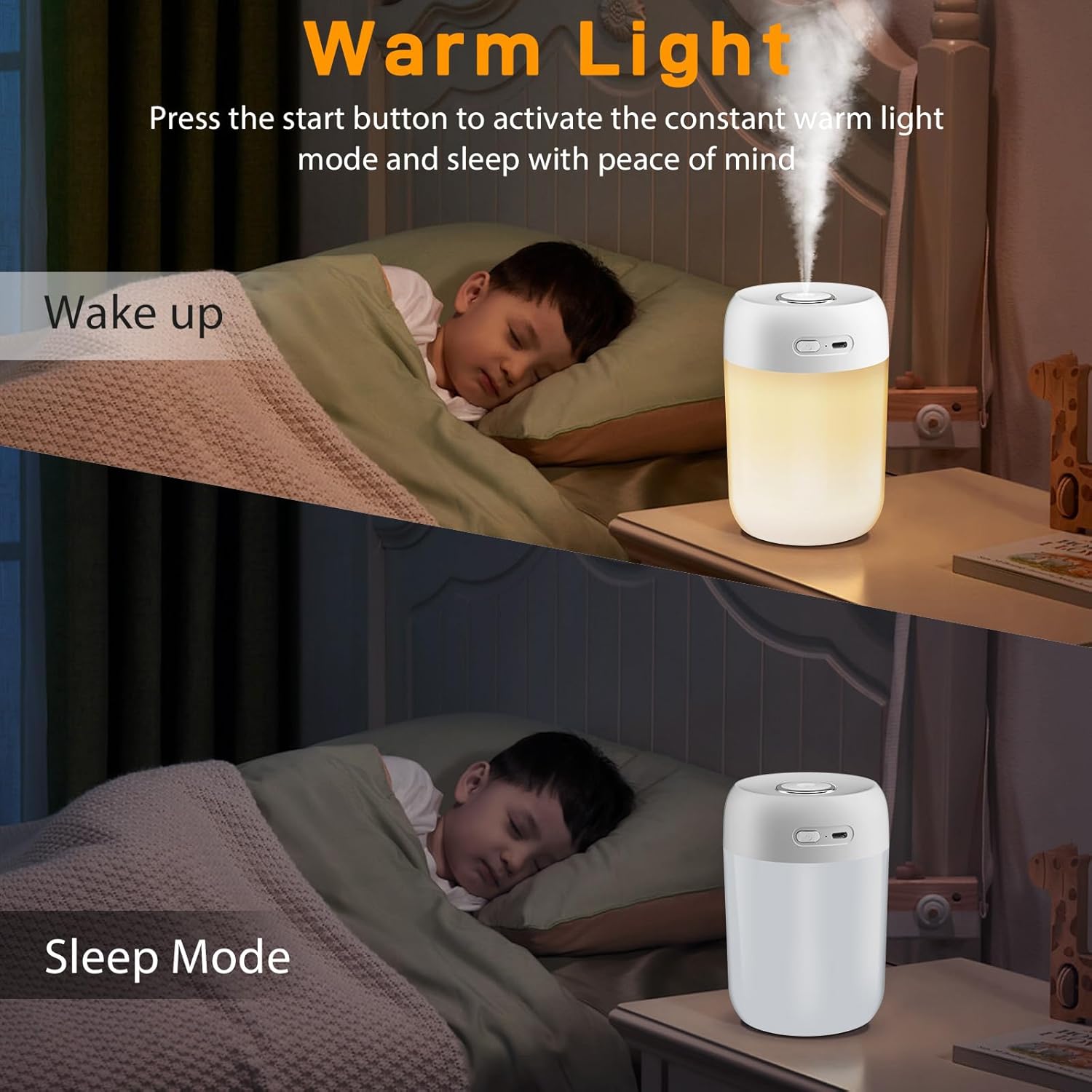 kissleaf 650 ml Mini-Luftbefeuchter für Schlafzimmer/Kinderzimmer/Pflanzen, 8H lange Laufzeit, 28 dB lautloser Luftbefeuchter, Typ-C-Akku, elektrischer Raumbefeuchter (warmes Licht) – Bild 3